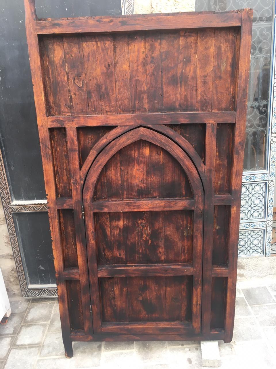 Moroccan Double Door, Hand Carved Tamarisk, Inlaid Bone, Wrought Iron Knocker For Sale 6