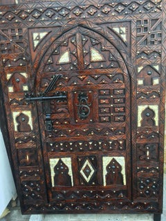 Moroccan Double Door, Hand Carved Tamarisk, Inlaid Bone, Wrought Iron Knocker