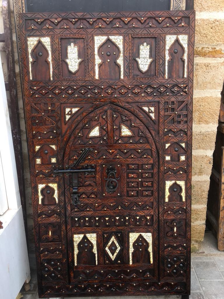 Islamic Moroccan Double Door, Hand Carved Tamarisk, Inlaid Bone, Wrought Iron Knocker For Sale