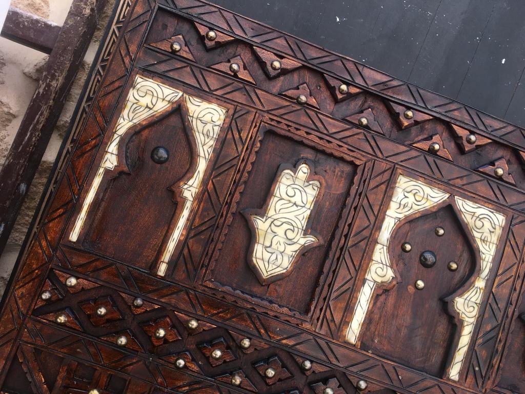 Brass Moroccan Double Door, Hand Carved Tamarisk, Inlaid Bone, Wrought Iron Knocker For Sale