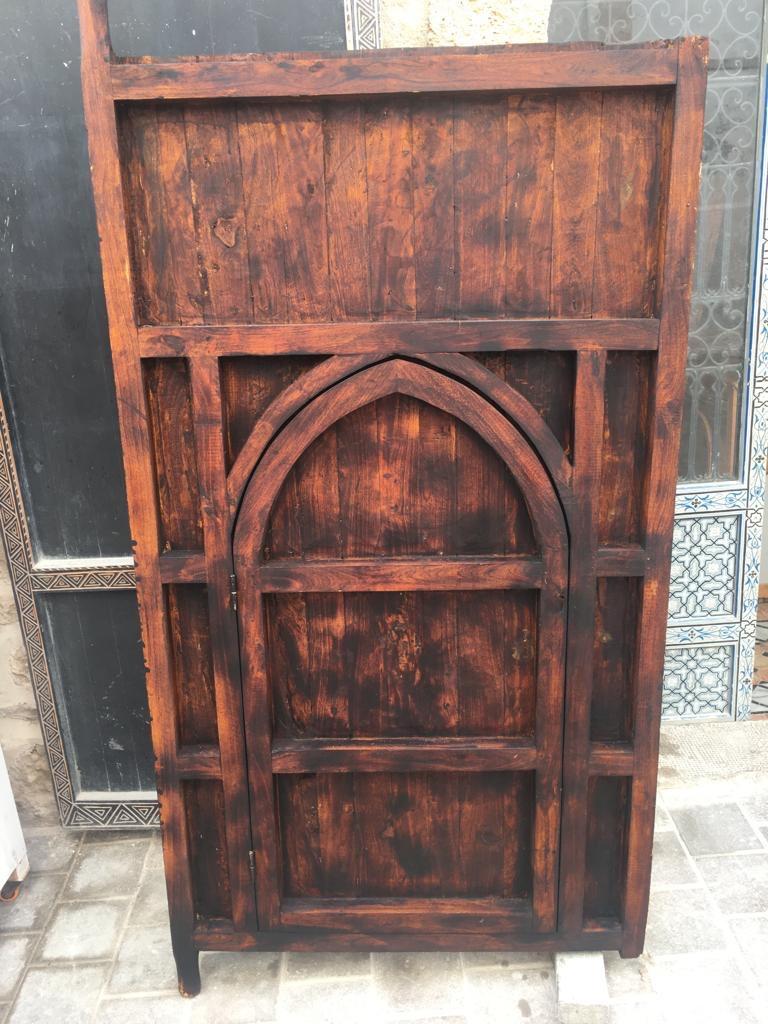 Moroccan Double Door, Hand Carved Tamarisk, Inlaid Bone, Wrought Iron Knocker For Sale 1