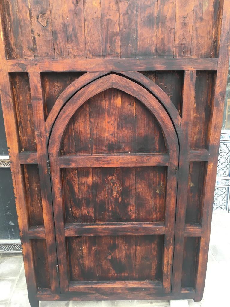 Moroccan Double Door, Hand Carved Tamarisk, Inlaid Bone, Wrought Iron Knocker For Sale 2