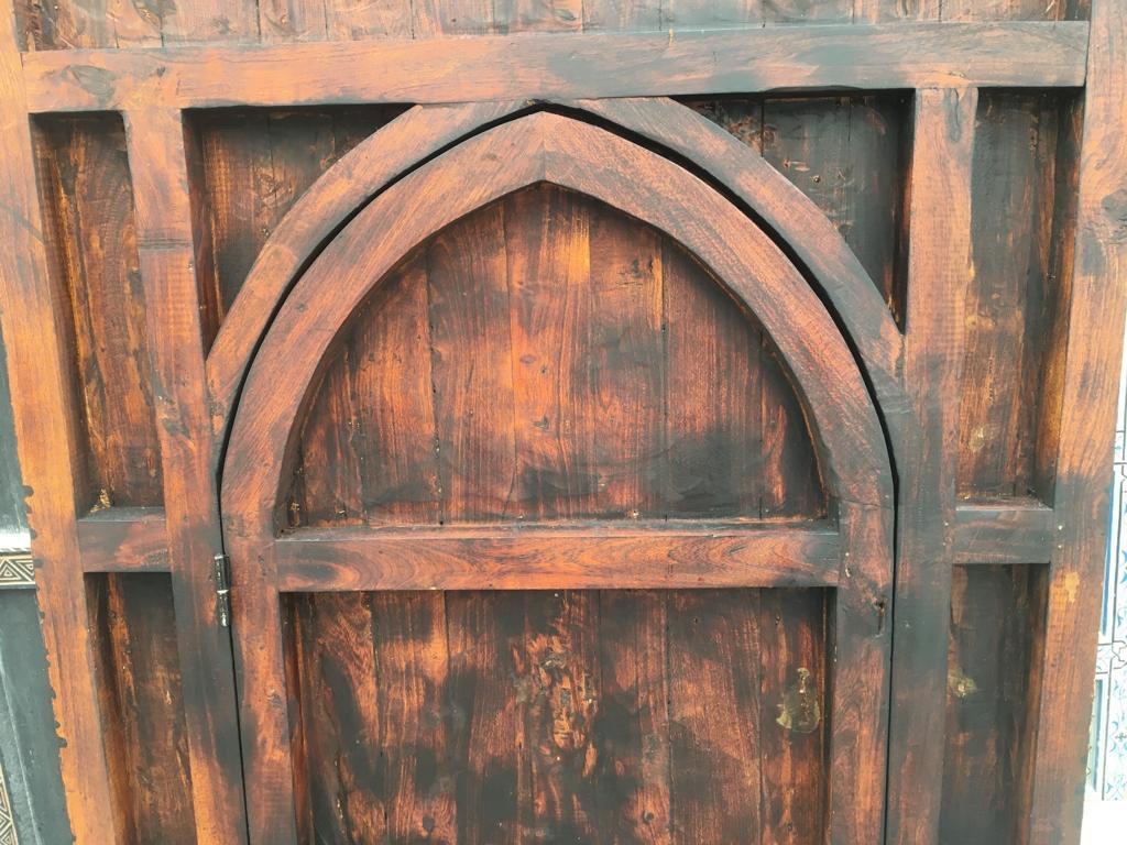 Moroccan Double Door, Hand Carved Tamarisk, Inlaid Bone, Wrought Iron Knocker For Sale 3