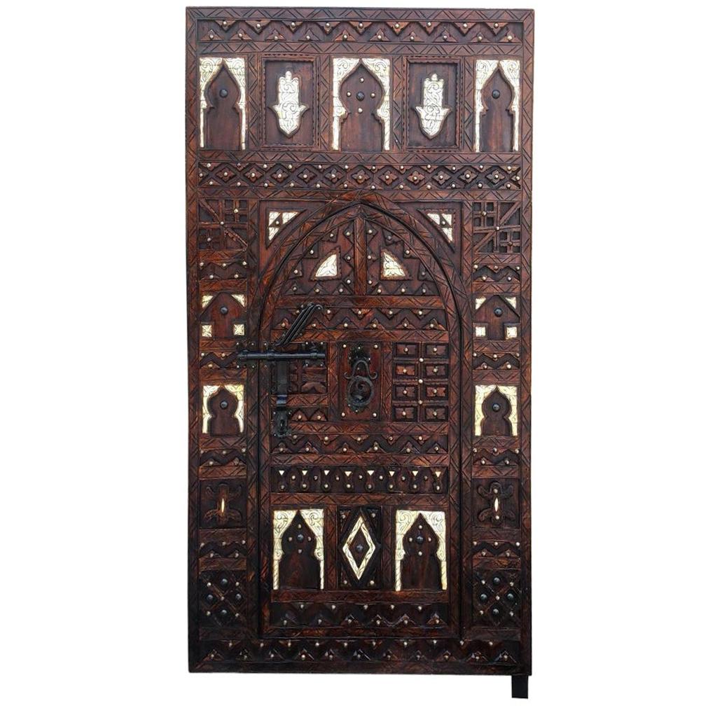 Moroccan Double Door, Hand Carved Tamarisk, Inlaid Bone, Wrought Iron Knocker For Sale