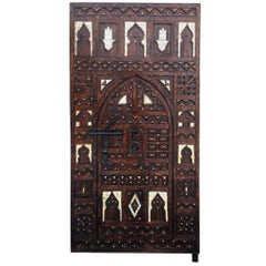 Moroccan Double Door, Hand Carved Tamarisk, Inlaid Bone, Wrought Iron Knocker