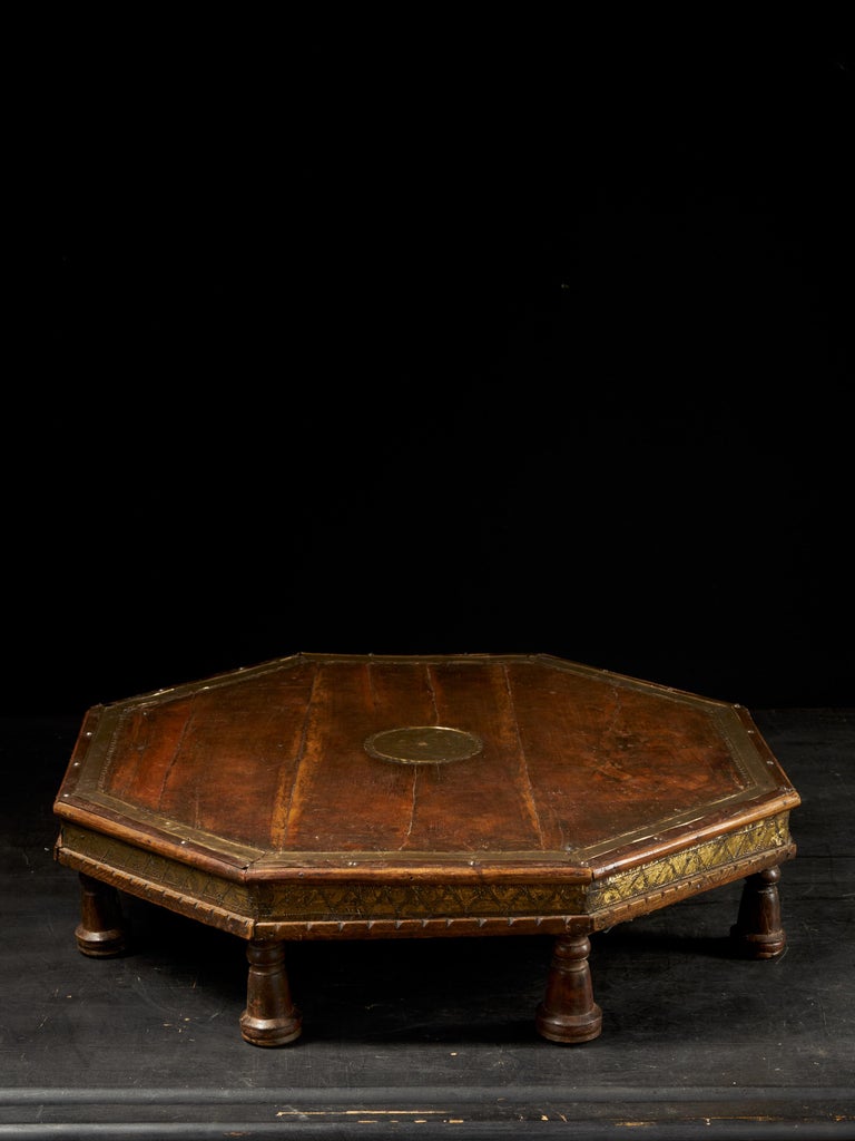 Traditional Moroccan Octagonal Wooden Brass Decorated Coffee Table For Sale At 1stdibs