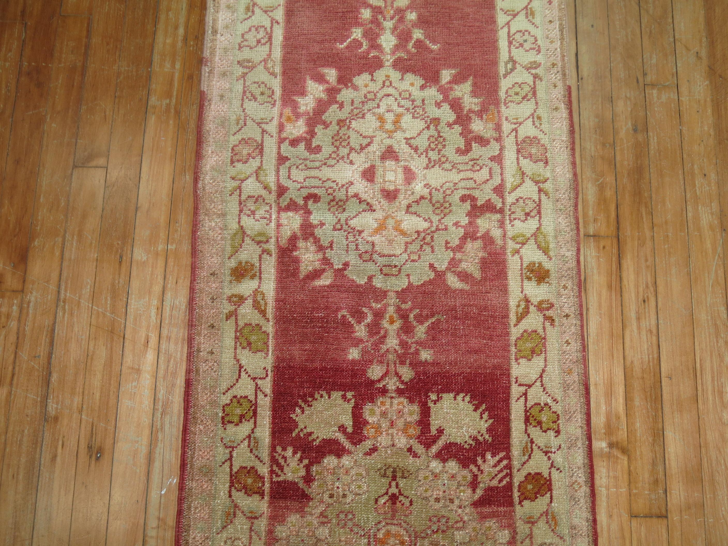Romantic Traditional Narrow Red Turkish Runner, 20th Century For Sale