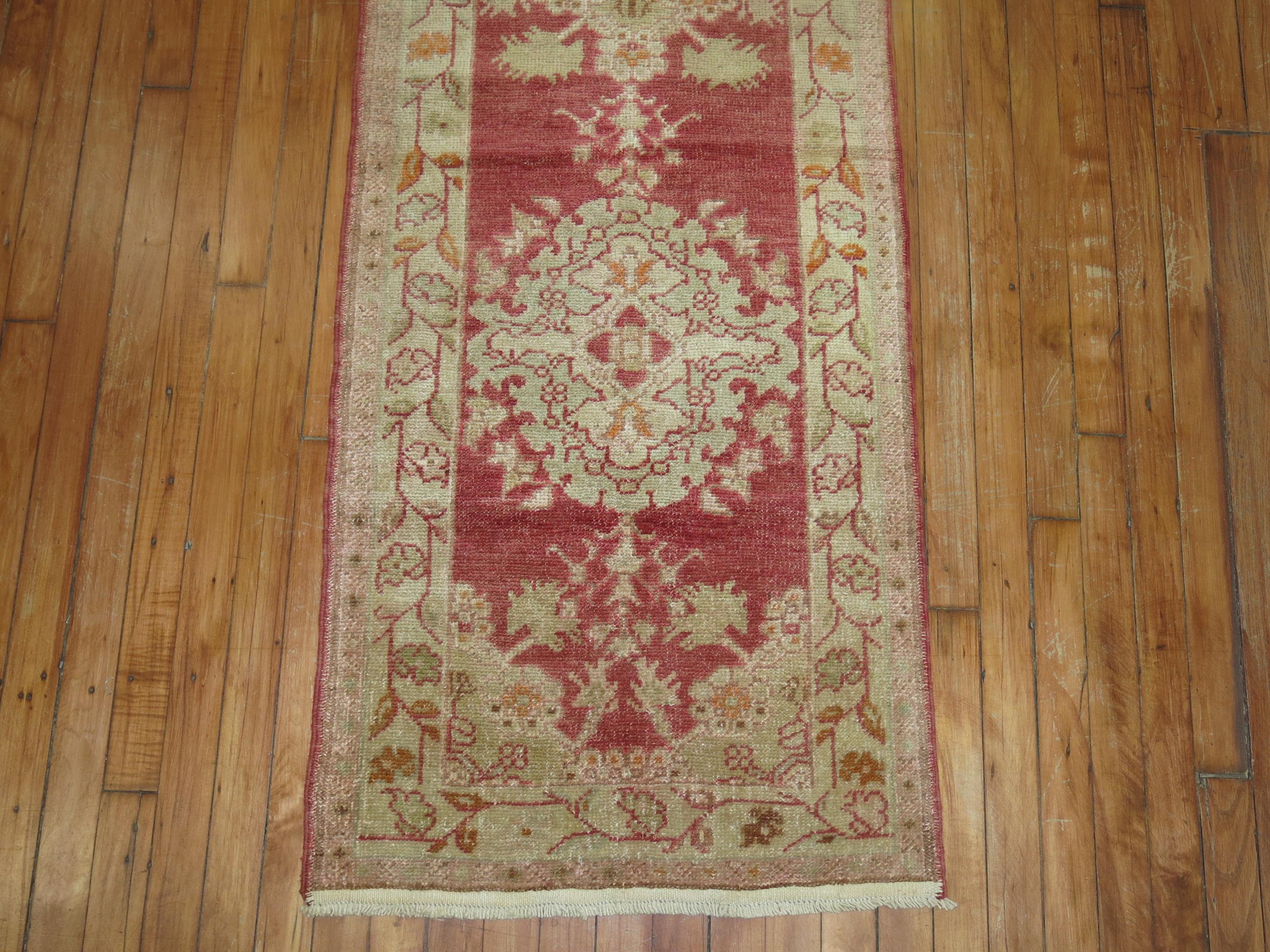 Wool Traditional Narrow Red Turkish Runner, 20th Century For Sale