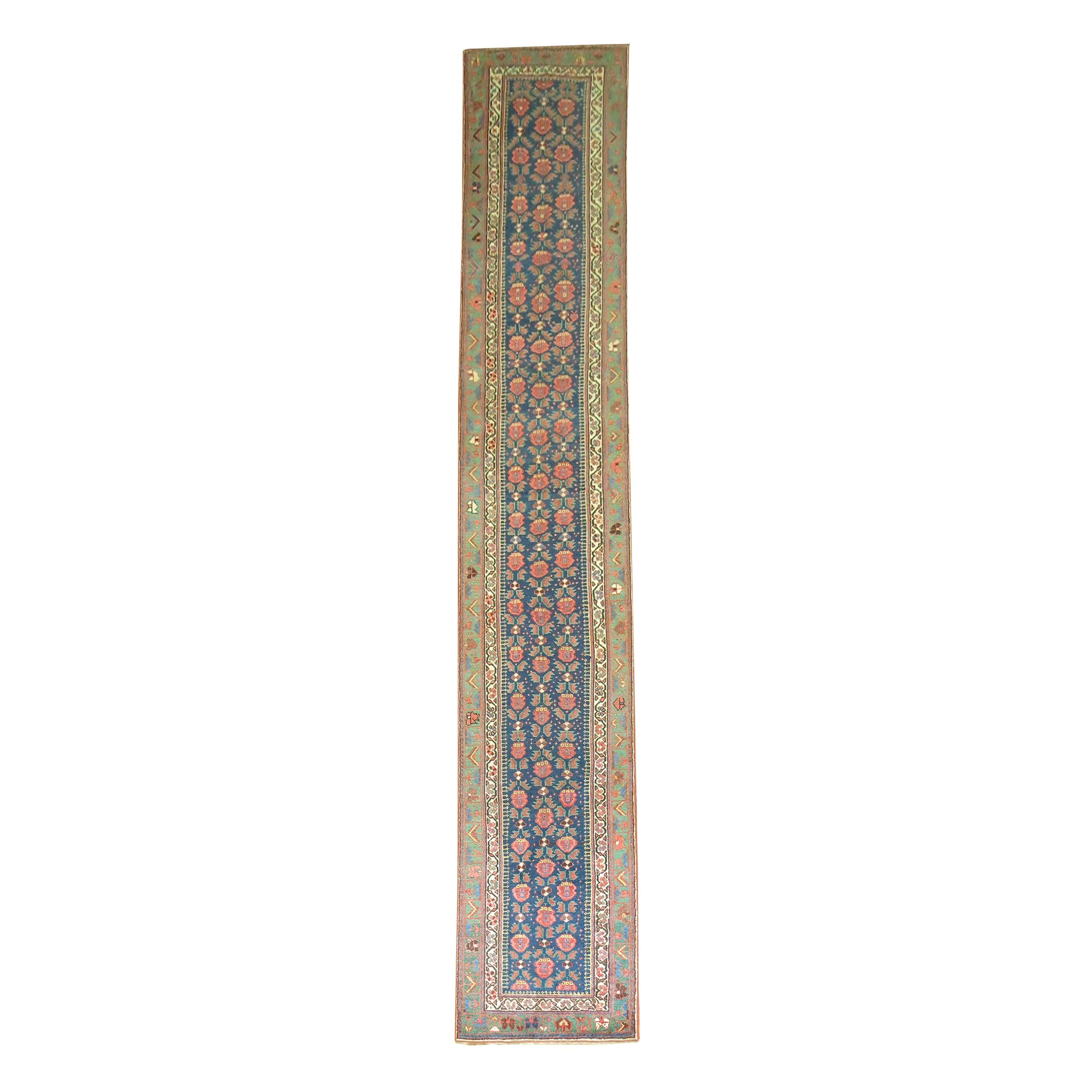 Traditional Navy Green Floral Persian Runner, 20th Century For Sale