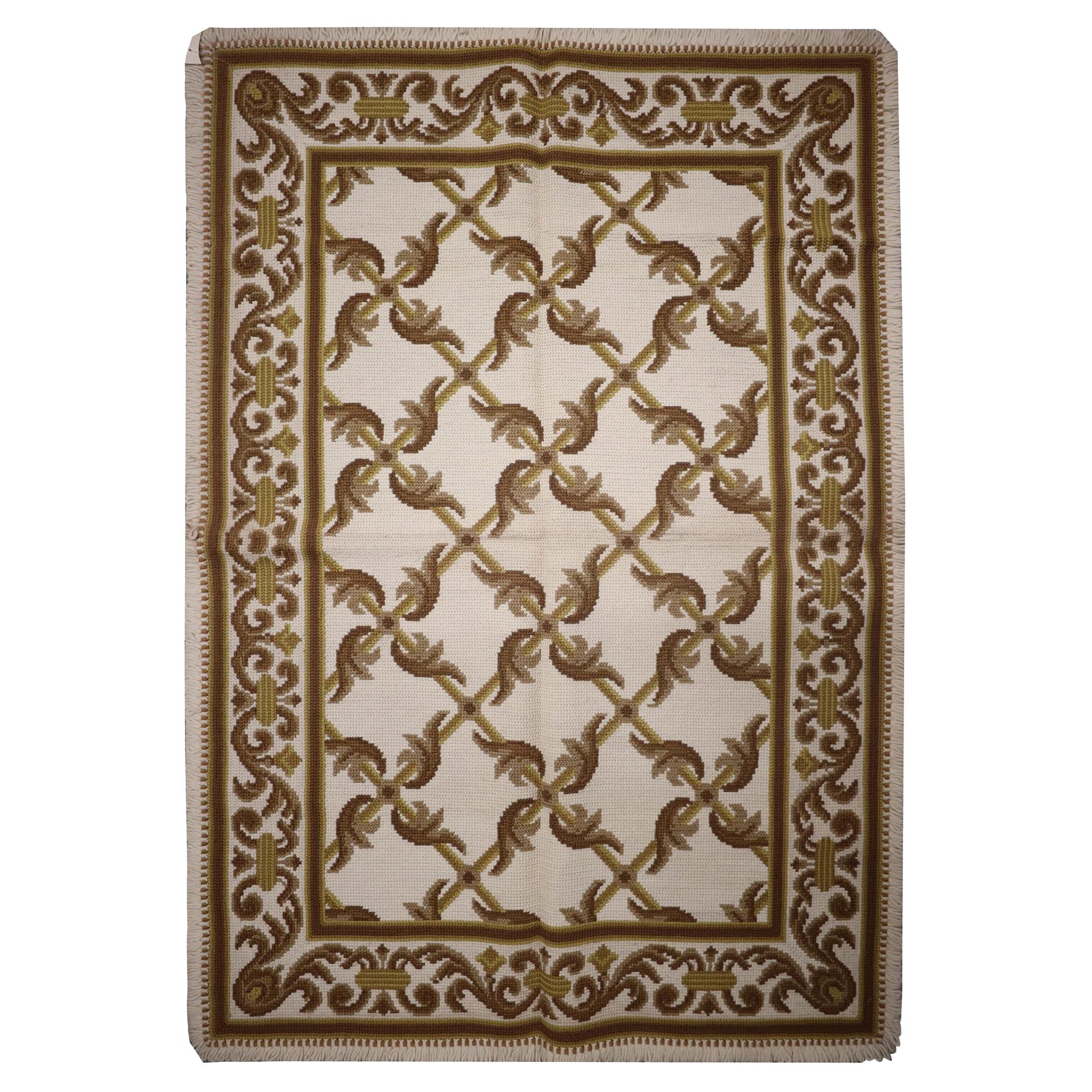 Traditional Needlepoint Rug, Handwoven Wool Beige Carpet Area Rug For Sale