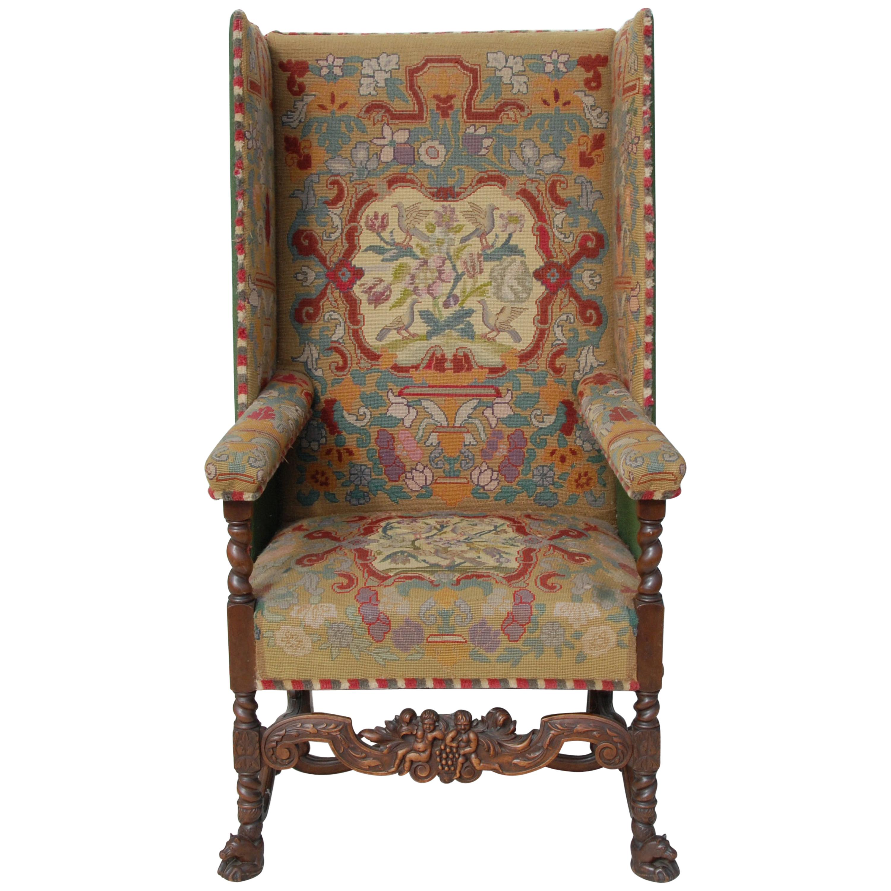 Traditional Needlepoint Upholstery Wingback Armchair