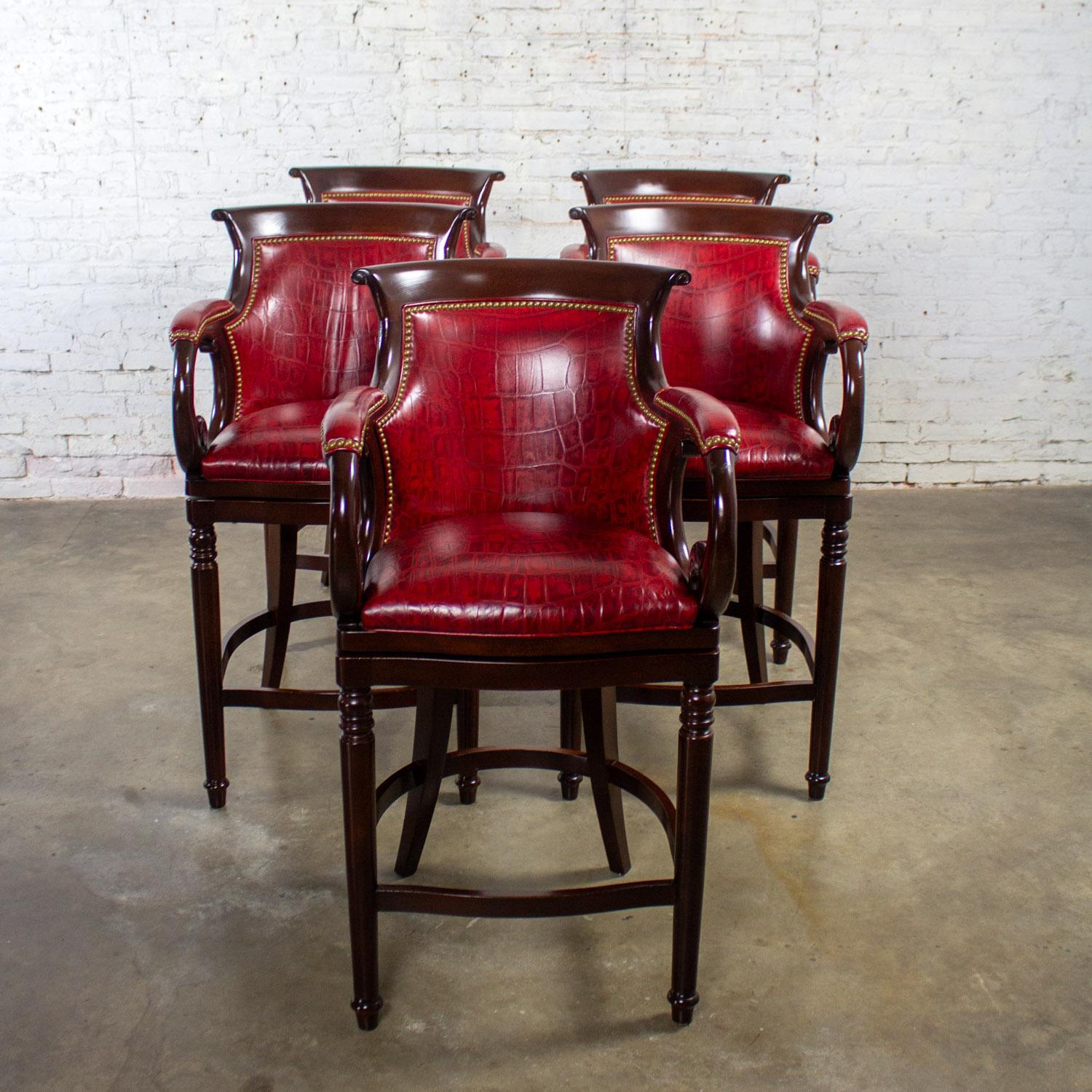 Traditioneller neoklassischer Stil Hancock & Moore Rotes Leder & Wood Barhocker Set 5 (Neoklassisch) im Angebot