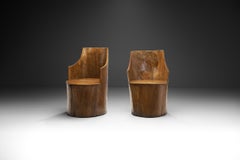 Traditional Norwegian Carved Kubbestol Pair, Norway Early 20th Century