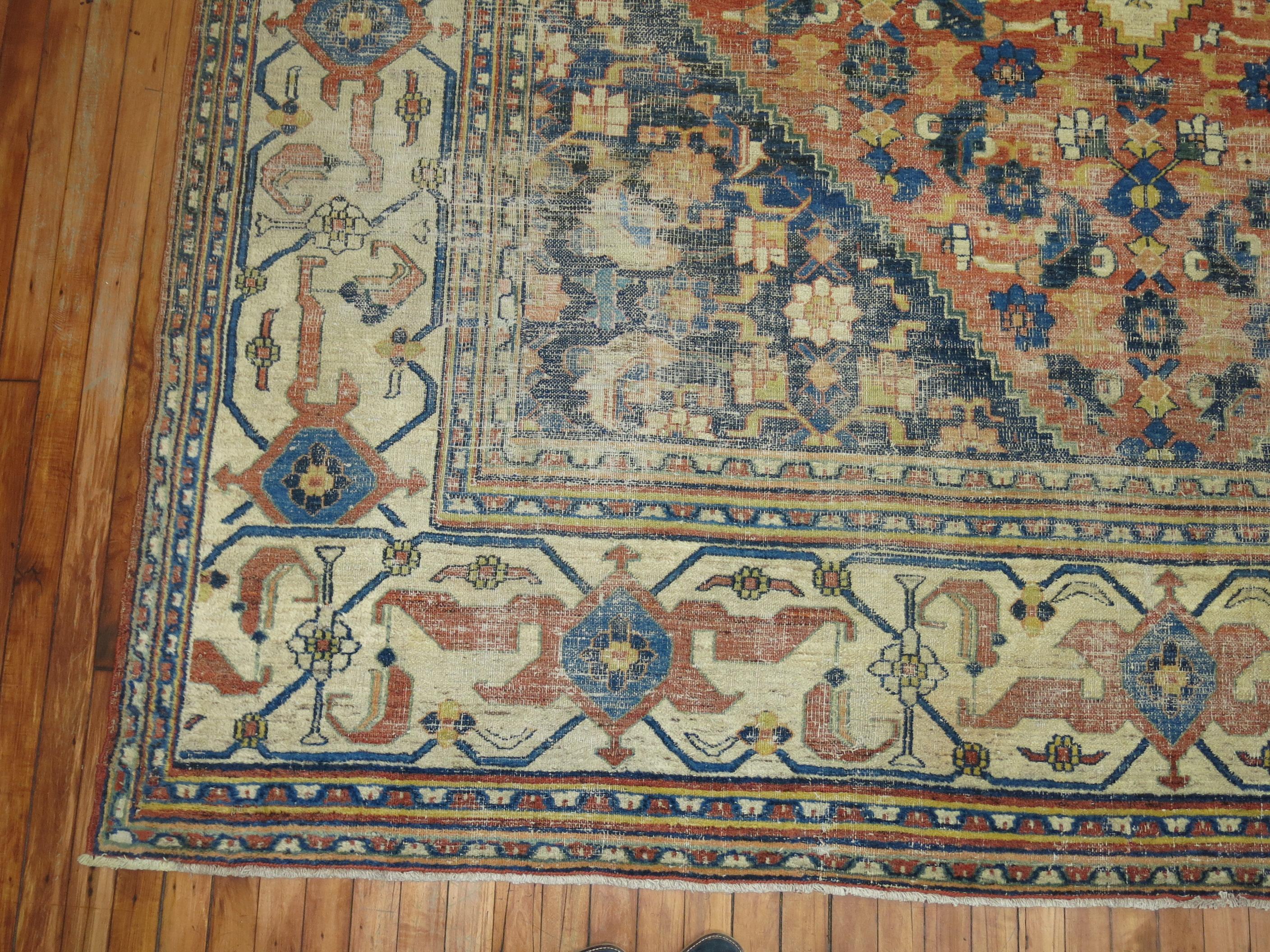 Tabriz Traditional Orange Blue Color Persian Open Medallion Room Size Rug For Sale