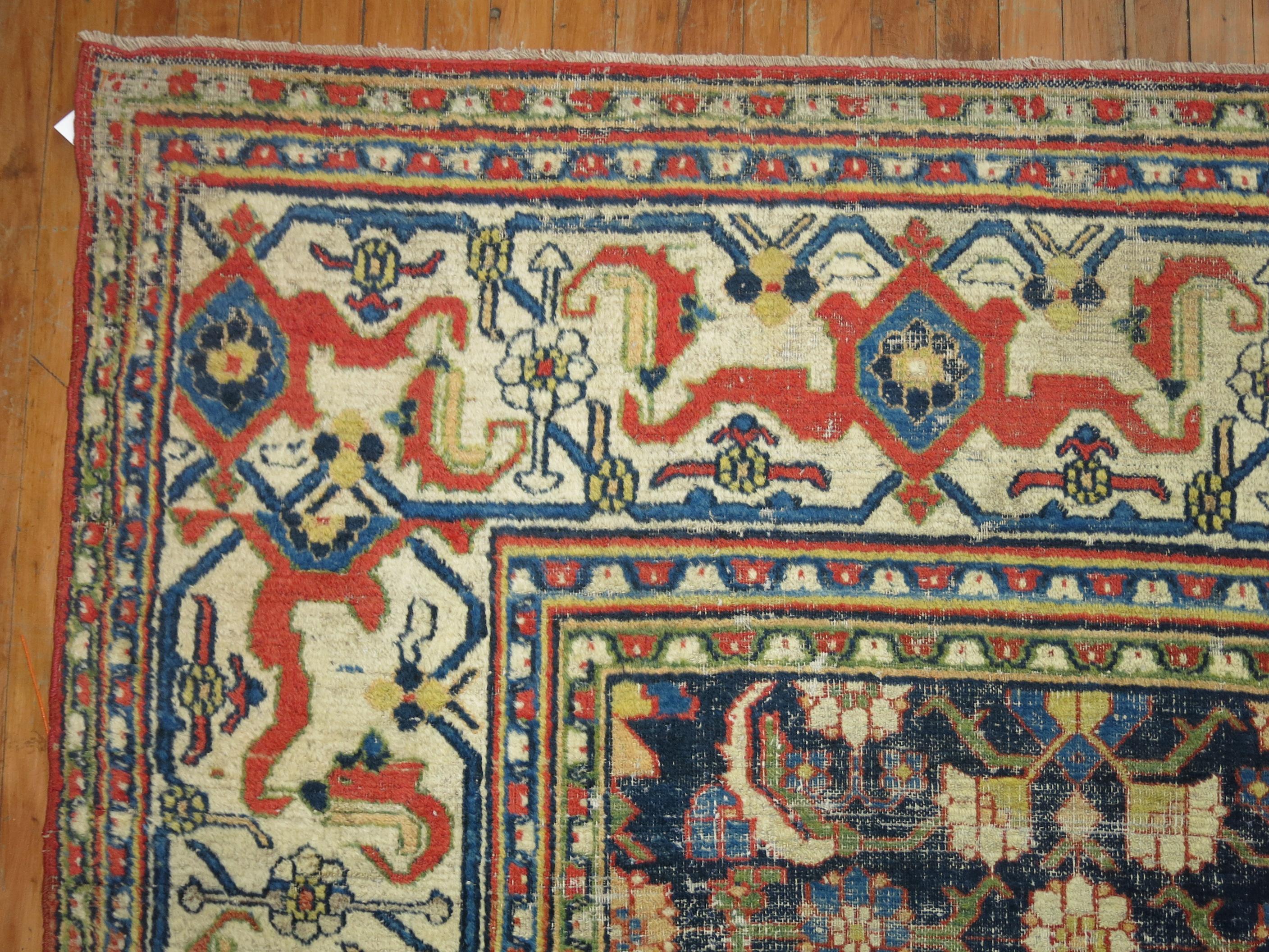 Traditional Orange Blue Color Persian Open Medallion Room Size Rug In Good Condition For Sale In New York, NY