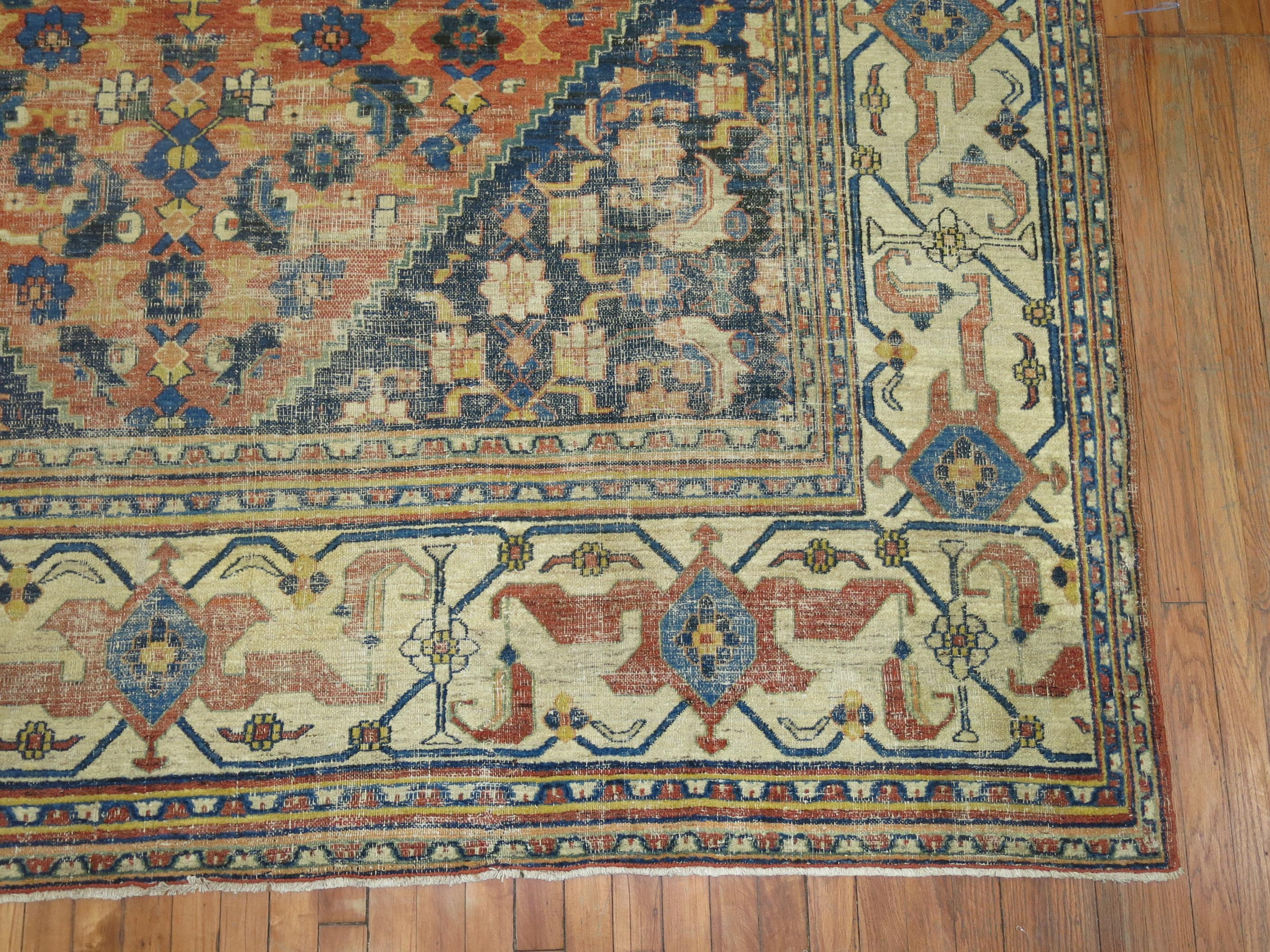 Wool Traditional Orange Blue Color Persian Open Medallion Room Size Rug For Sale