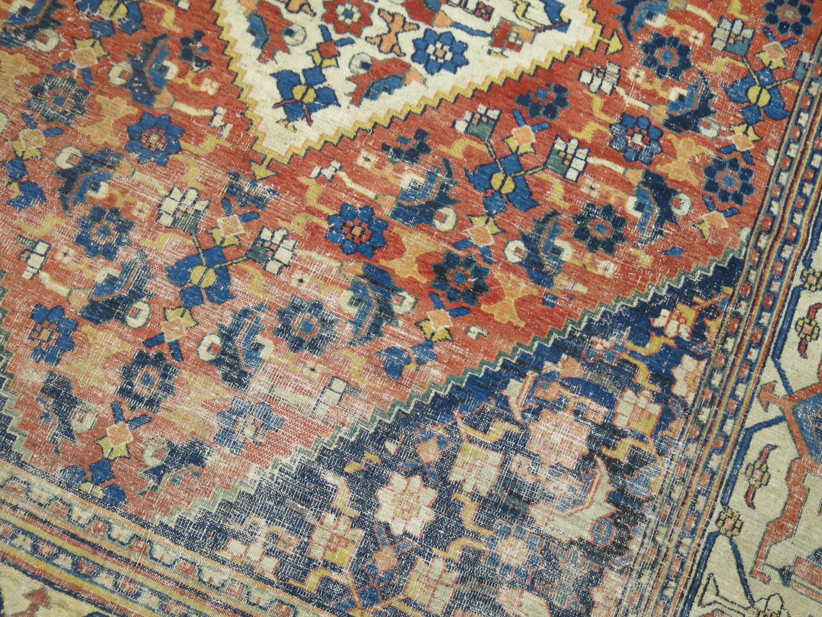 Traditional Orange Blue Color Persian Open Medallion Room Size Rug For Sale 1