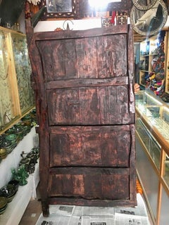 Traditional Ornately Hand Carved Moroccan Wood Door, Inlaid Bone, Silver Fibula