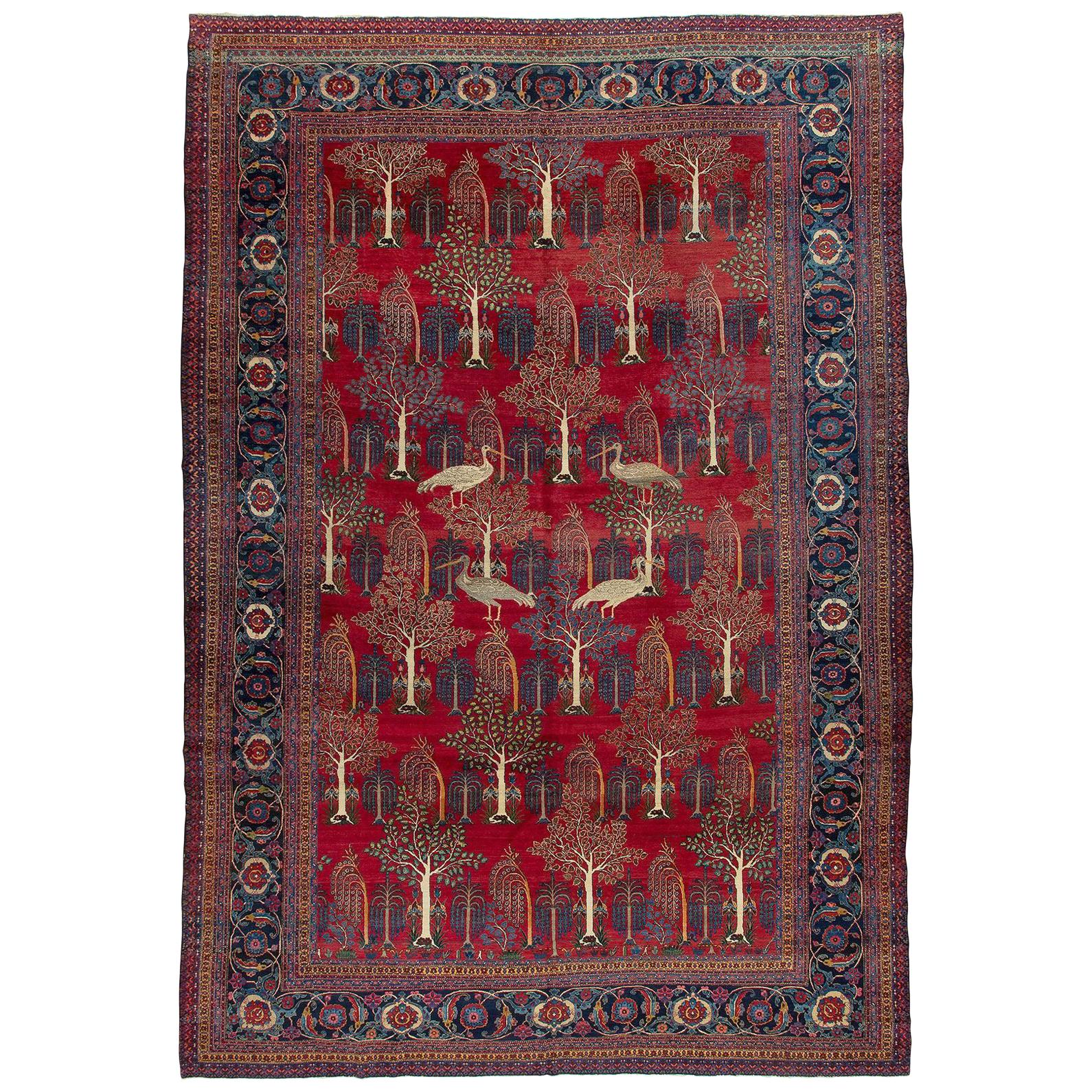  Persian Animal Crane Tabriz Willow Carpet For Sale