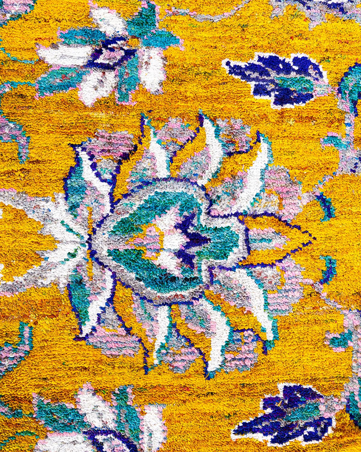 Indian Traditional Oushak Hand Knotted Floral Silk Gold Area Rug 9' 0