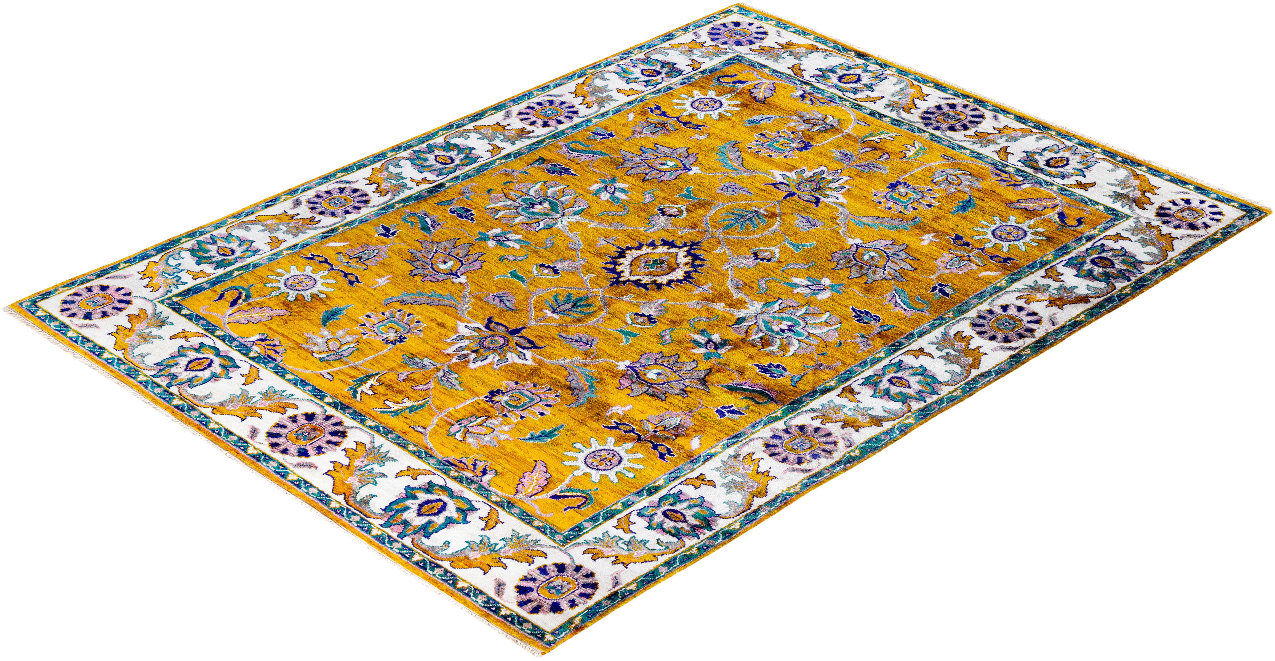 Traditional Oushak Hand Knotted Floral Silk Gold Area Rug 9' 0