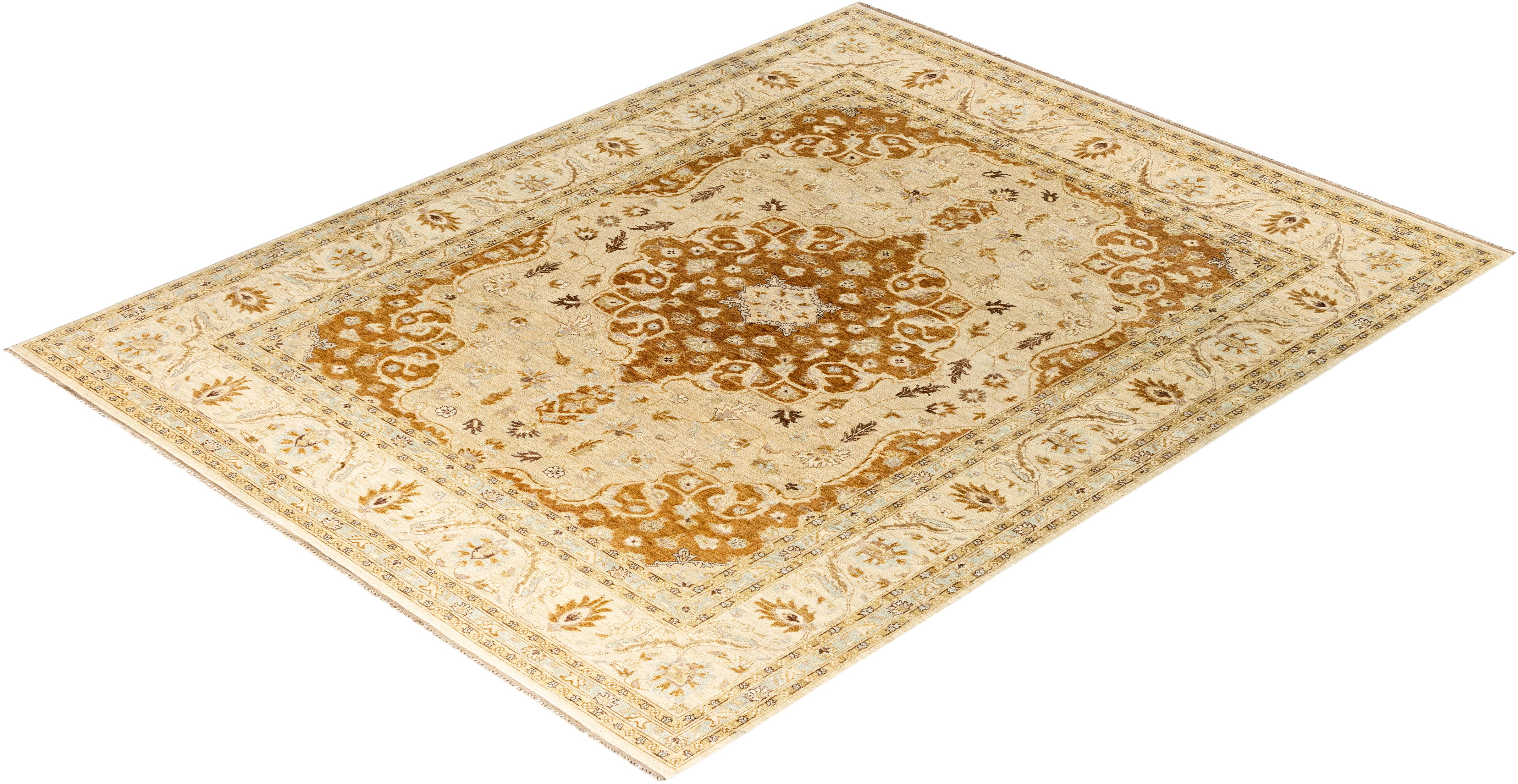 Traditioneller handgeknüpfter Oushak-Teppich aus geblümter Wolle in Beige 8' 0