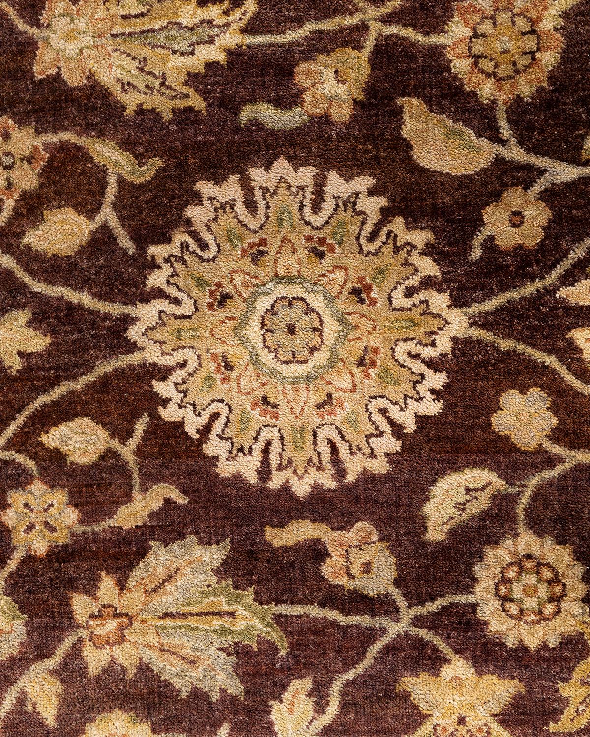 Alfombra Tradicional Oushak de Lana Floral Anudada a Mano Marrón 9' 1