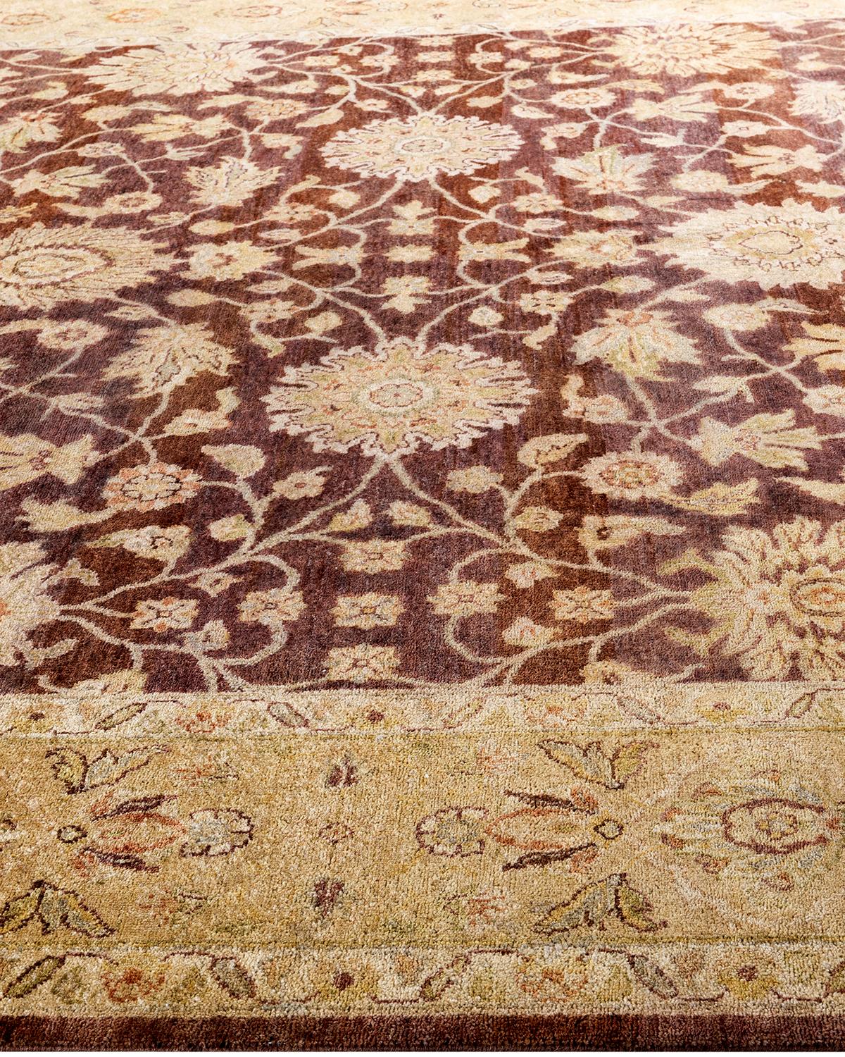 Alfombra Tradicional Oushak de Lana Floral Anudada a Mano Marrón 9' 1