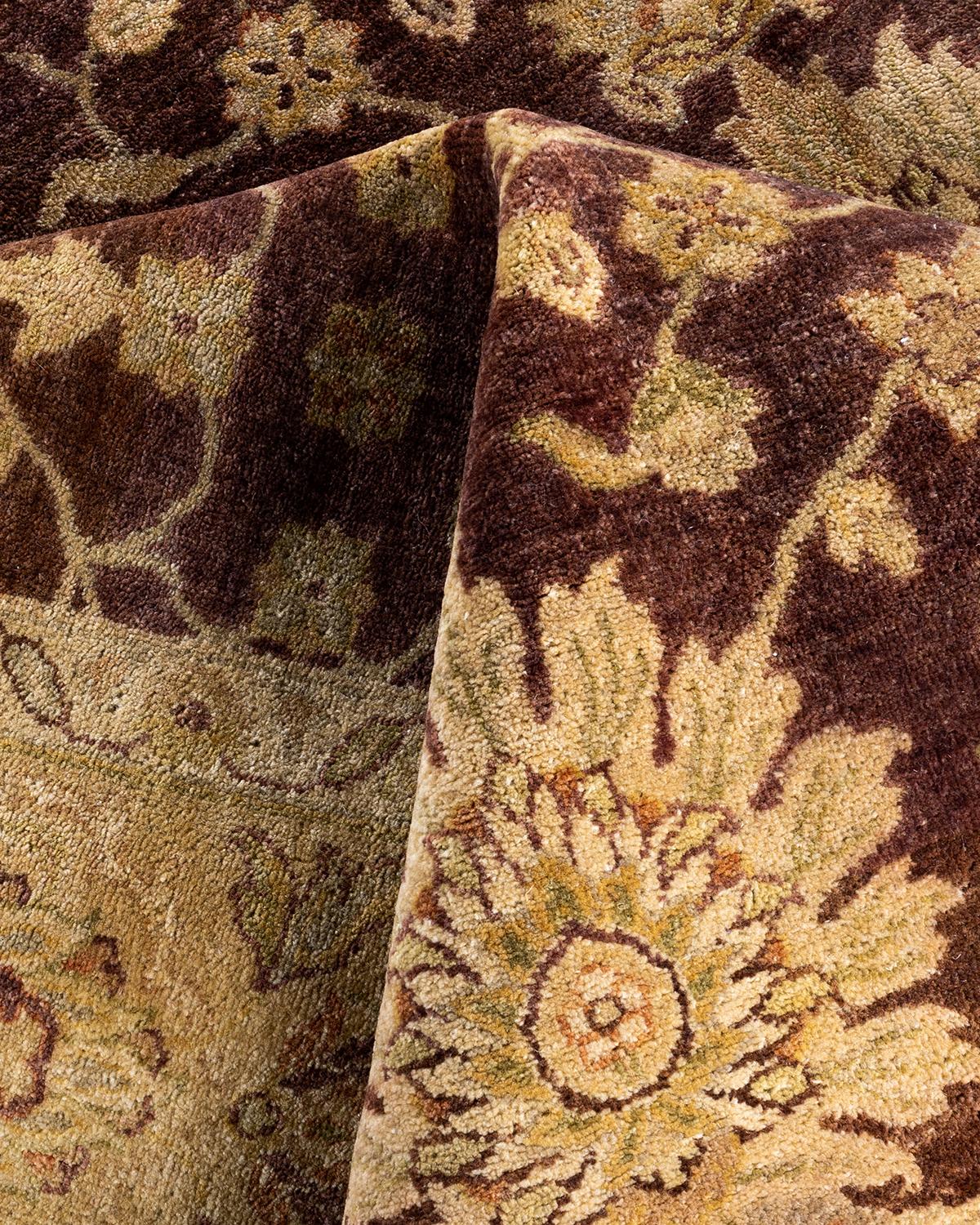 Alfombra Tradicional Oushak de Lana Floral Anudada a Mano Marrón 9' 1
