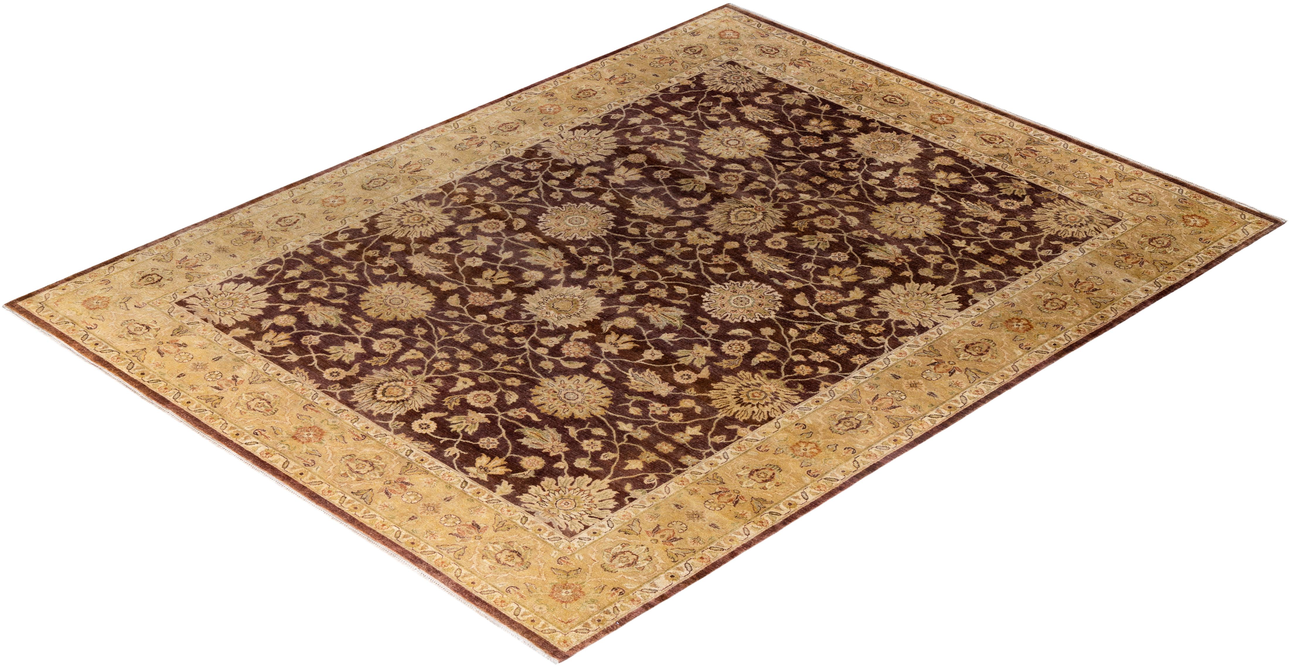 Alfombra Tradicional Oushak de Lana Floral Anudada a Mano Marrón 9' 1