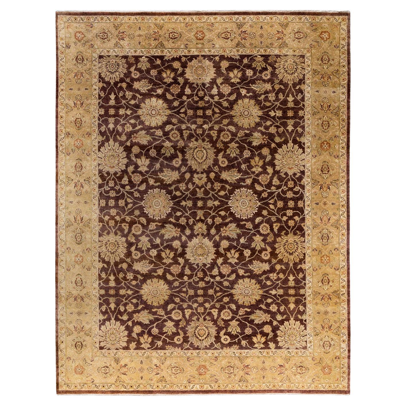 Traditional Oushak Hand Knotted Floral Wool Brown Area Rug 9' 1" x 11' 10"