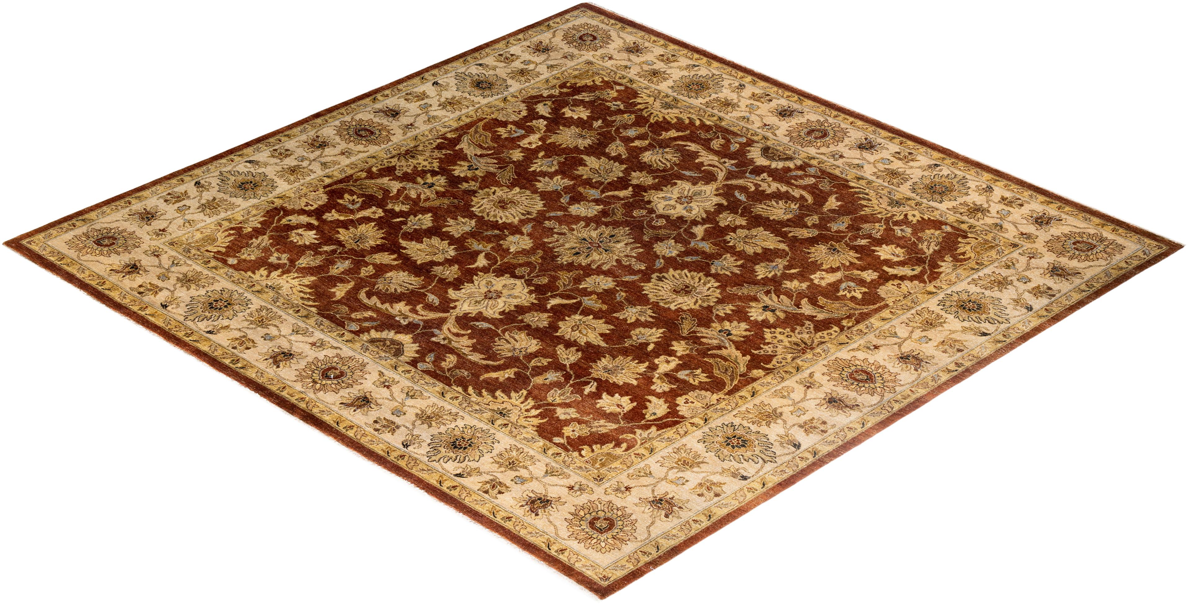 Traditional Oushak Tapis de zone en laine florale nouée à la main Brown 9' 1