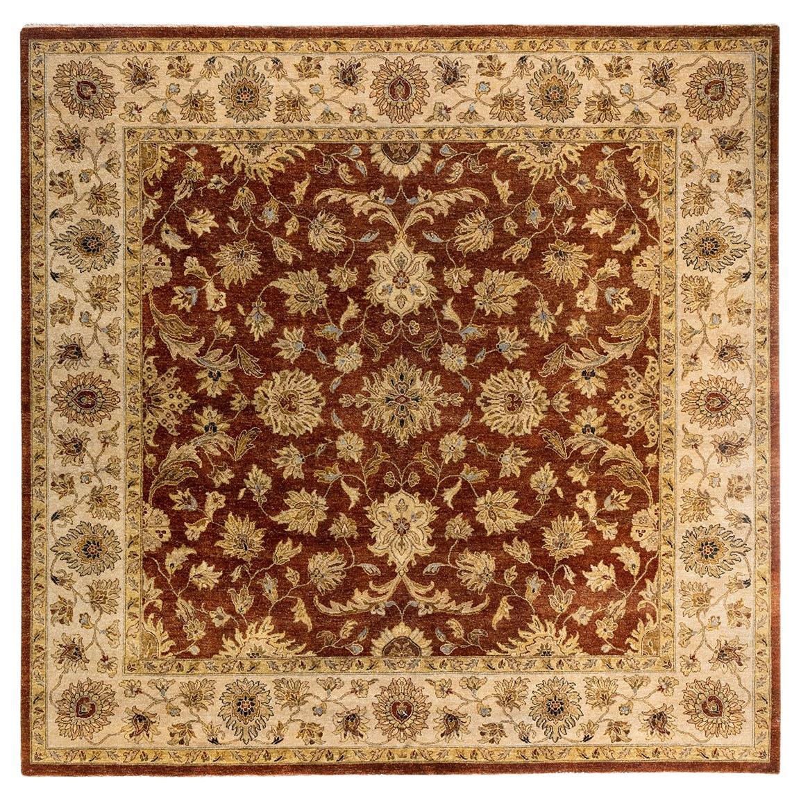 Traditional Oushak Hand Knotted Floral Wool Brown Area Rug 9' 1" x 9' 1"