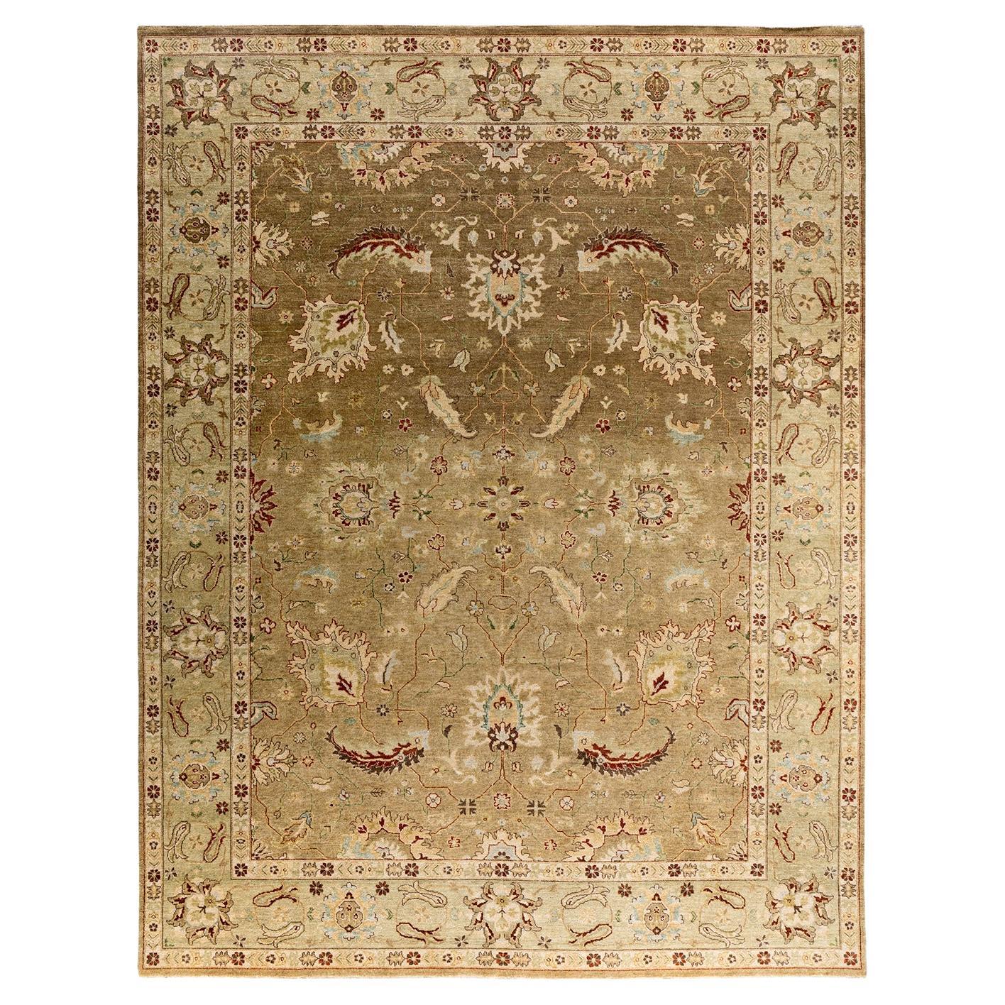 Traditional Oushak Hand Knotted Floral Wool Brown Area Rug 9' 2" x 12' 2"