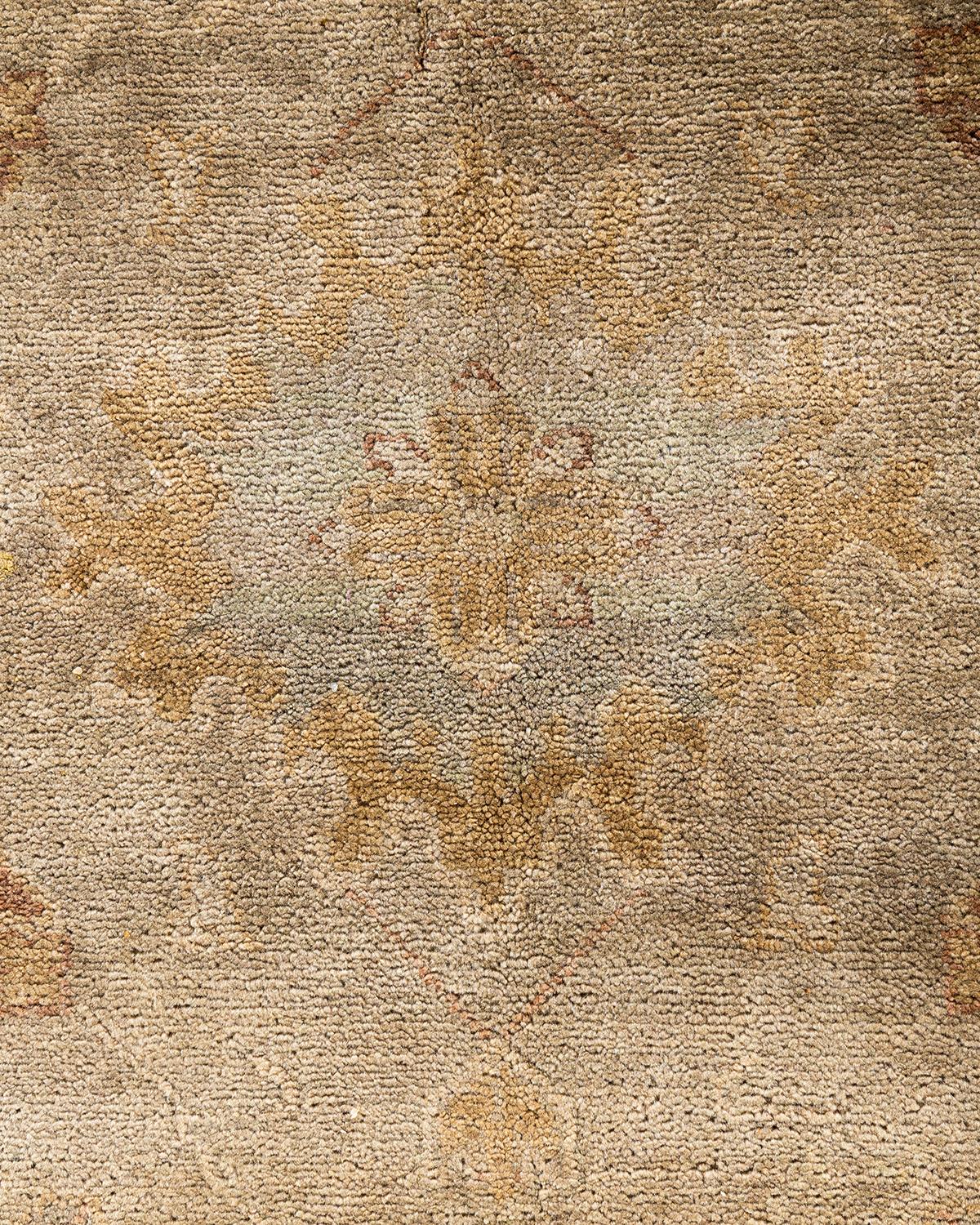 Alfombra tradicional Oushak de lana anudada a mano con motivos florales, marrón 9' 3