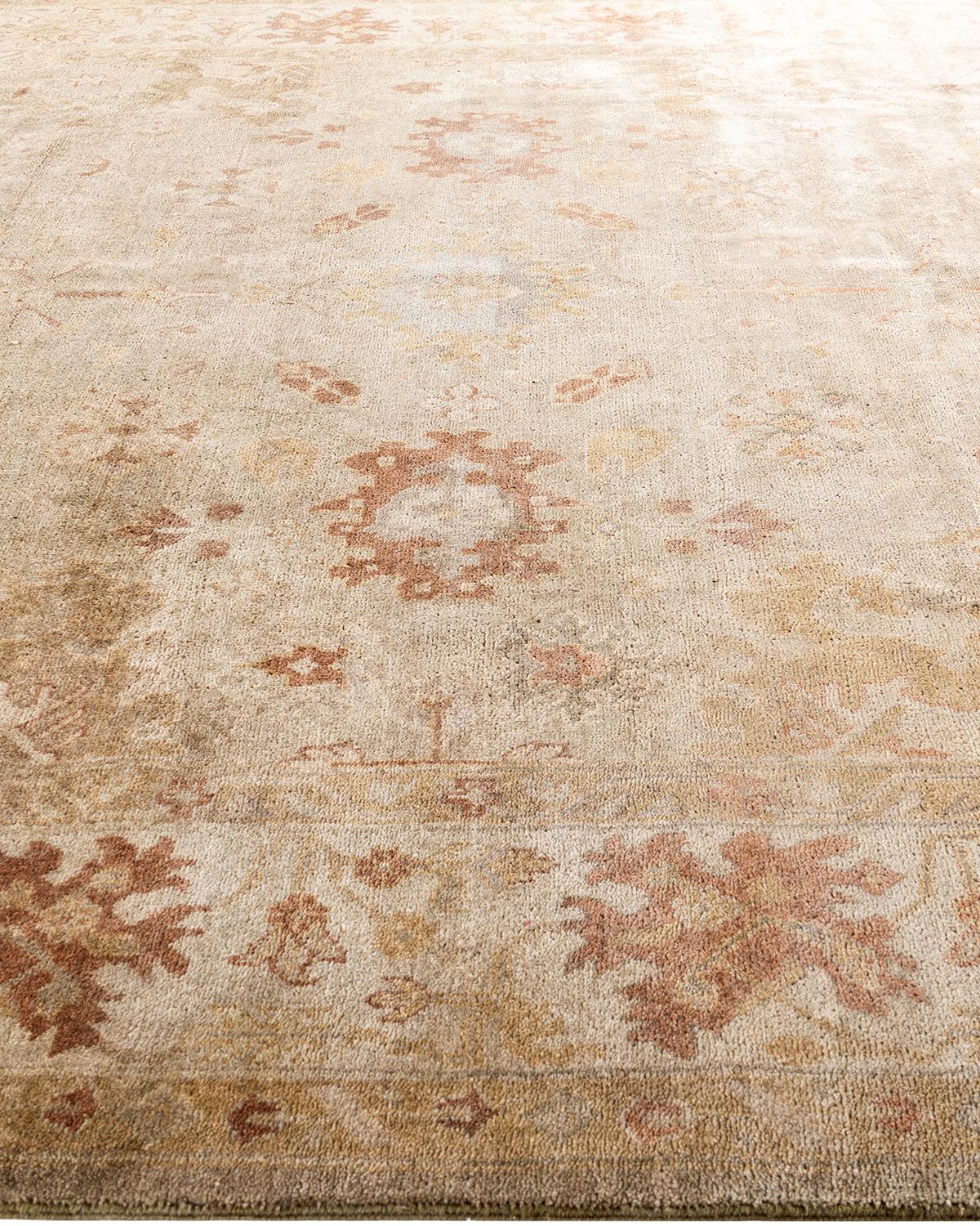 Alfombra tradicional Oushak de lana anudada a mano con motivos florales, marrón 9' 3