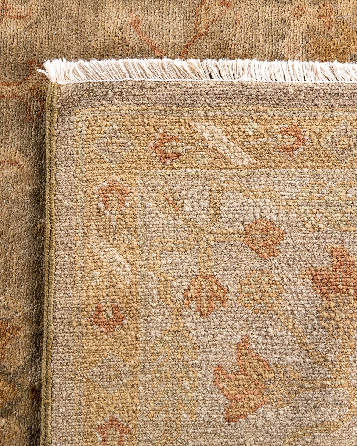 Alfombra tradicional Oushak de lana anudada a mano con motivos florales, marrón 9' 3