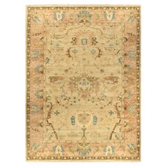 Traditional Oushak Hand Knotted Floral Wool Gold Area Rug 9' 1" x 12' 1"