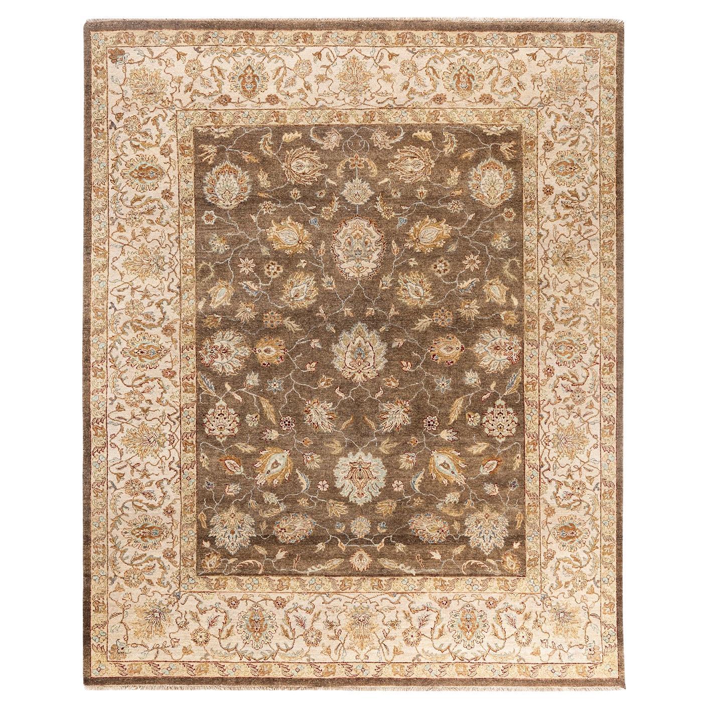 Tappeto tradizionale Oushak, annodato a mano, in lana floreale, verde, 8' 2" x 9' 9".
