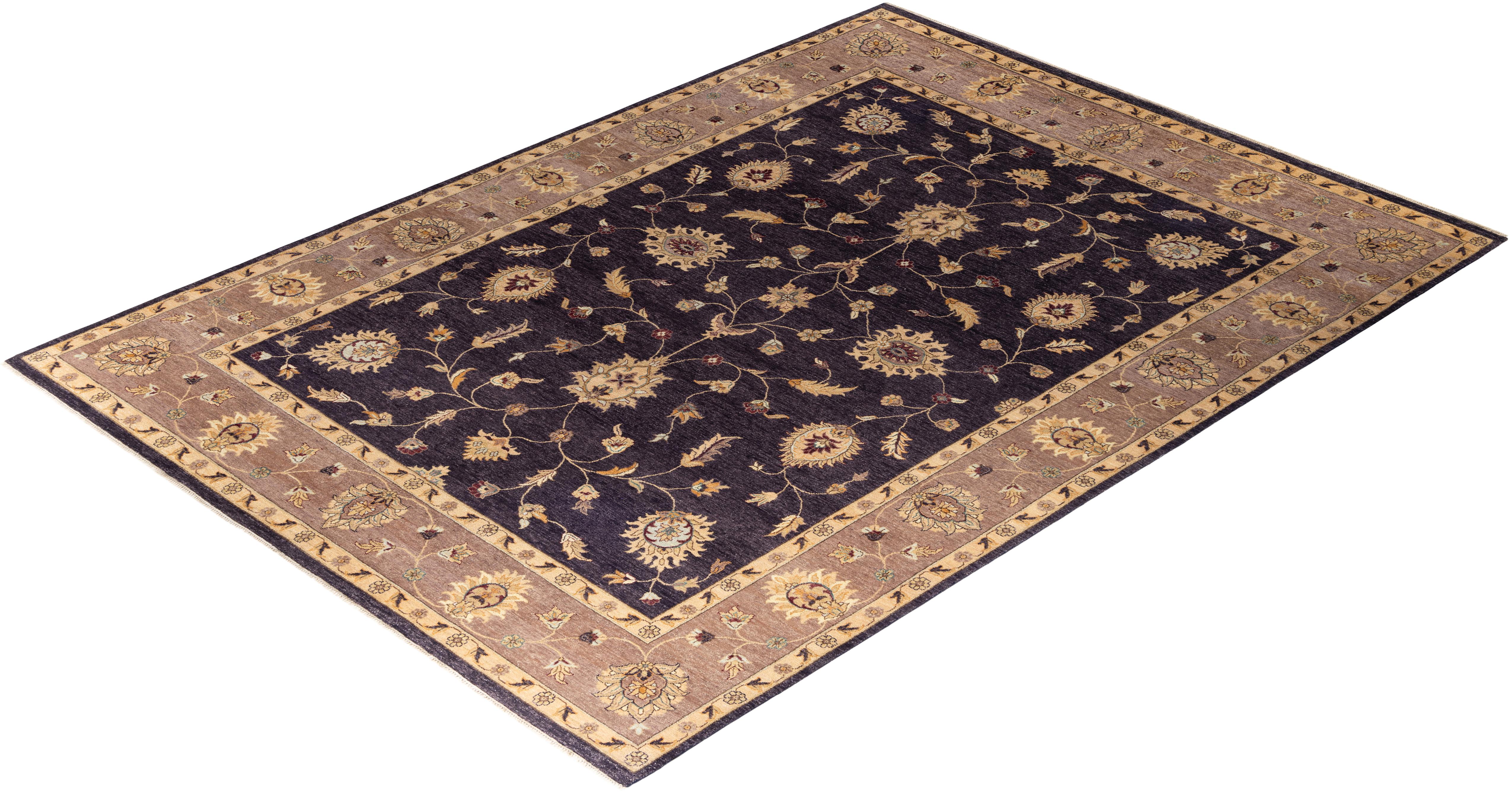 Tapis traditionnel d'Oushak noué à la main en laine bleu marine 9' 0