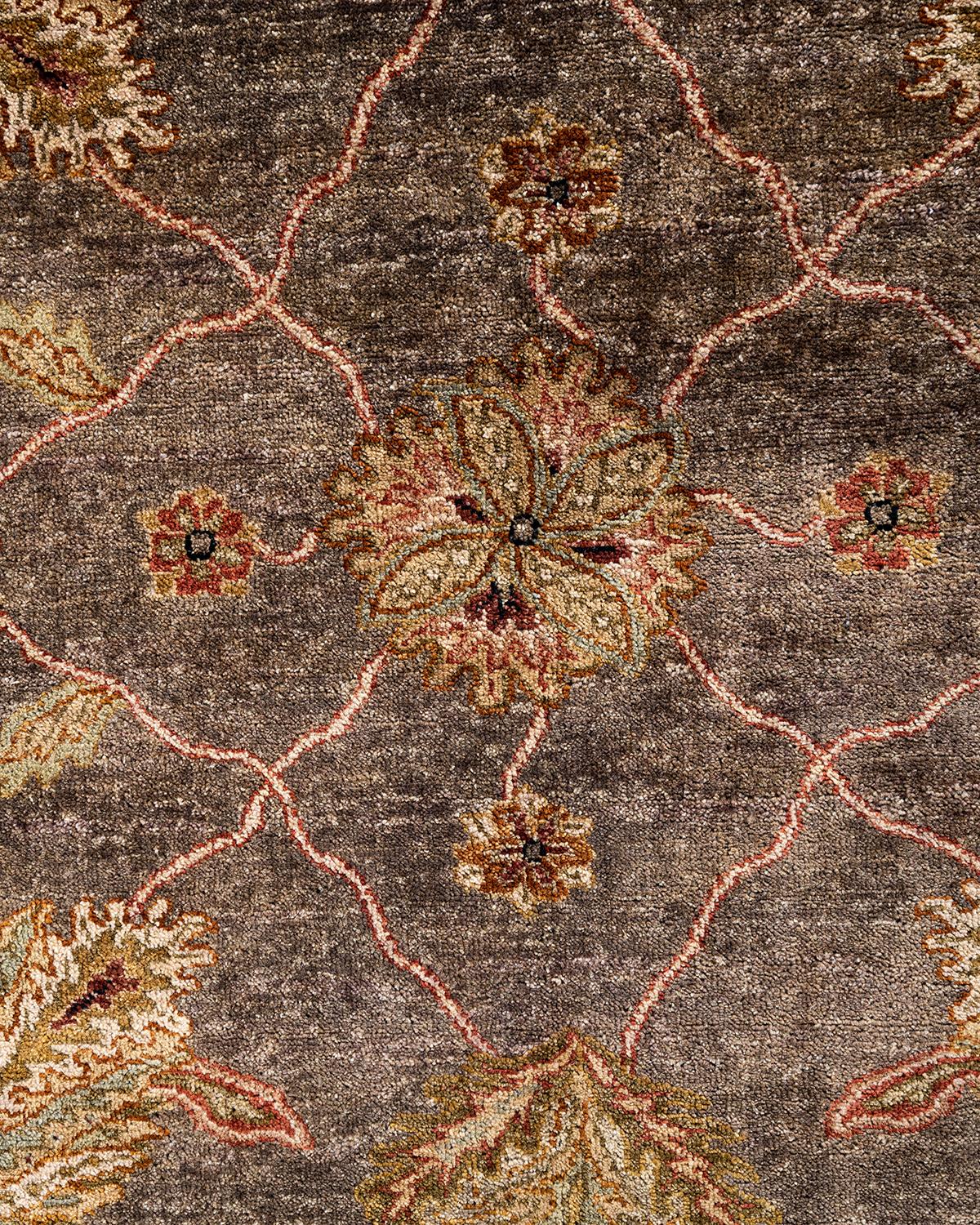 Indian Traditional Oushak Hand Knotted Floral Wool Olive Area Rug 8' 10