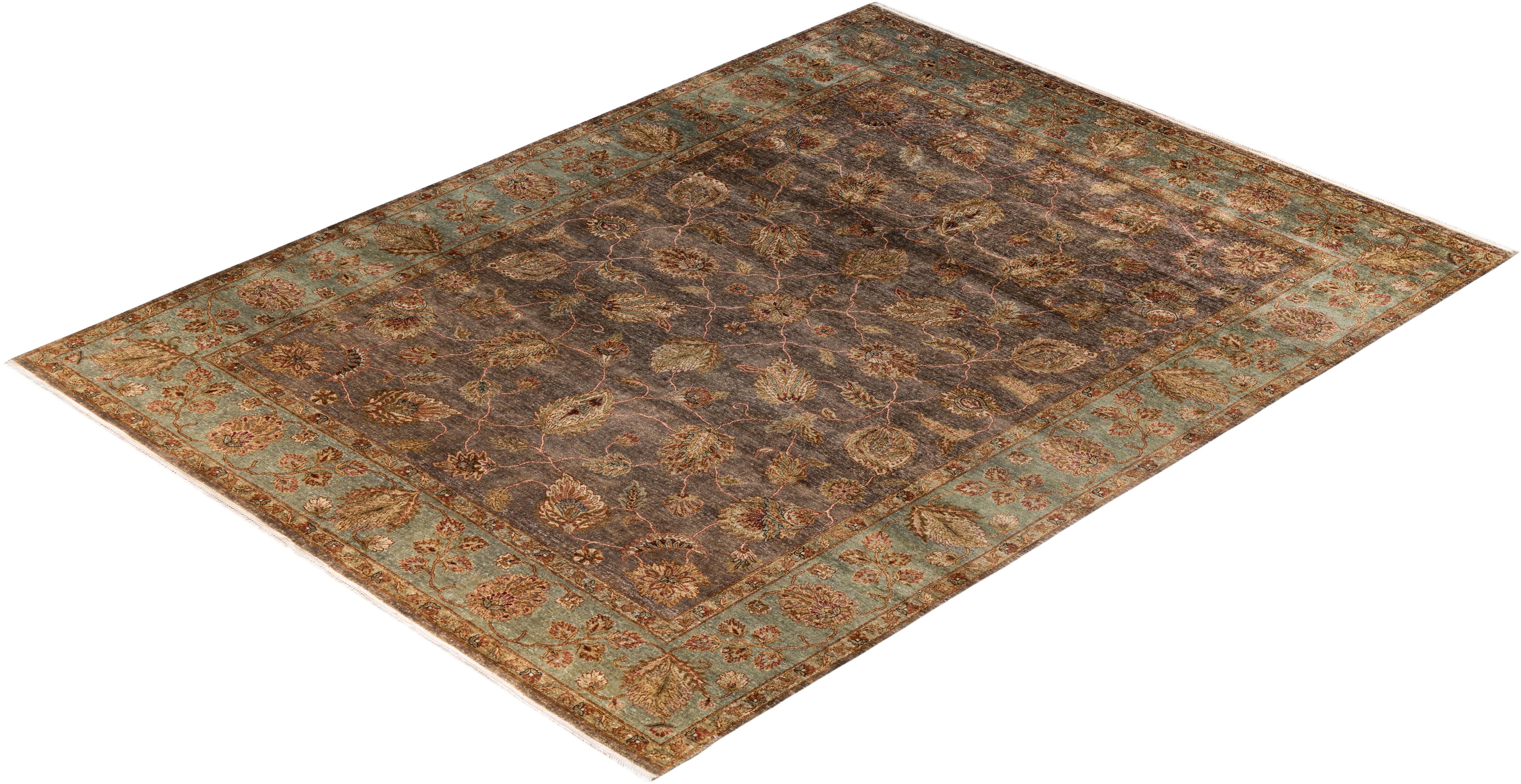 Traditional Oushak Hand Knotted Floral Wool Olive Area Rug 8' 10