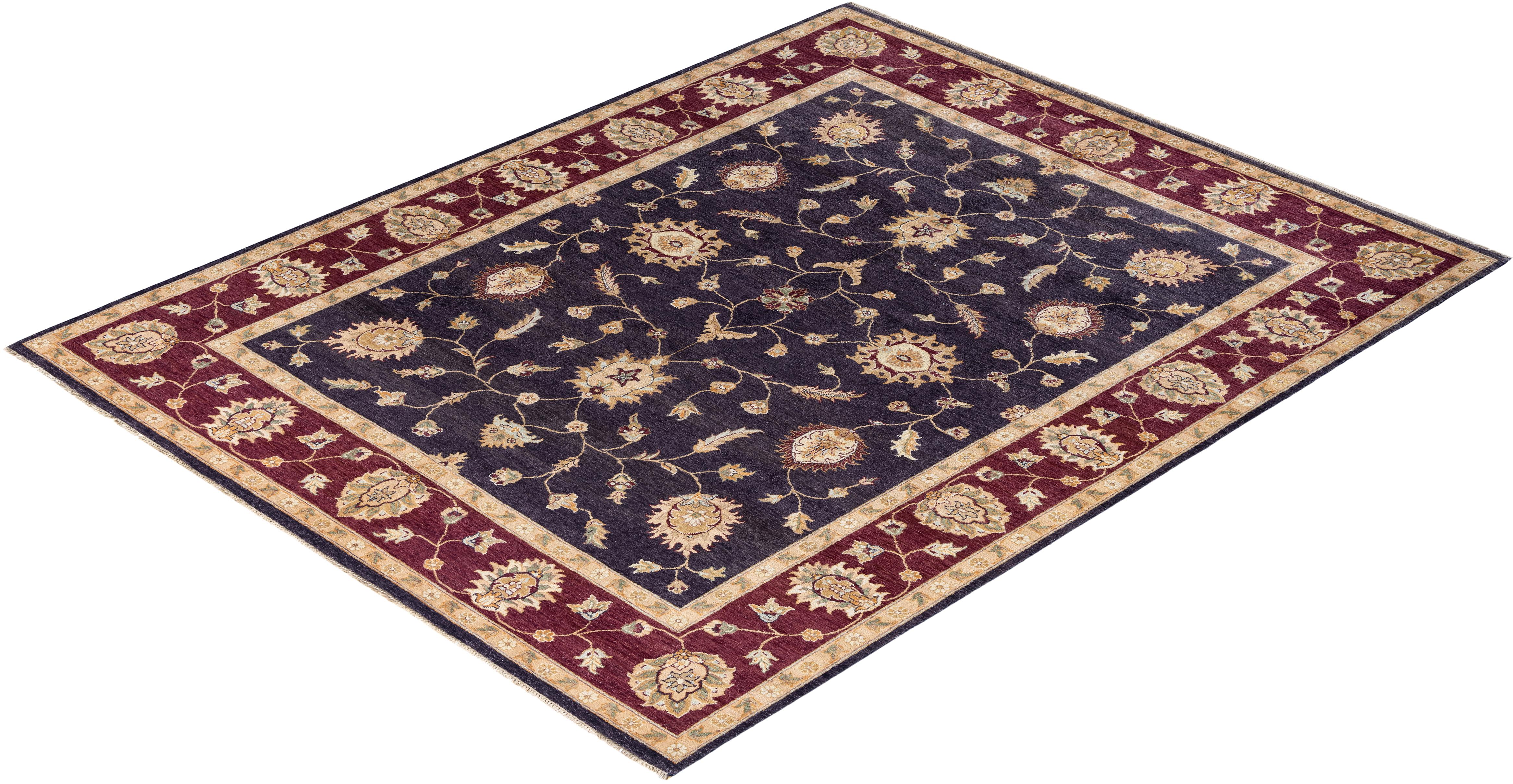 Traditionnel Oushak Tapis floral en laine pourpre noué à la main 8' 1