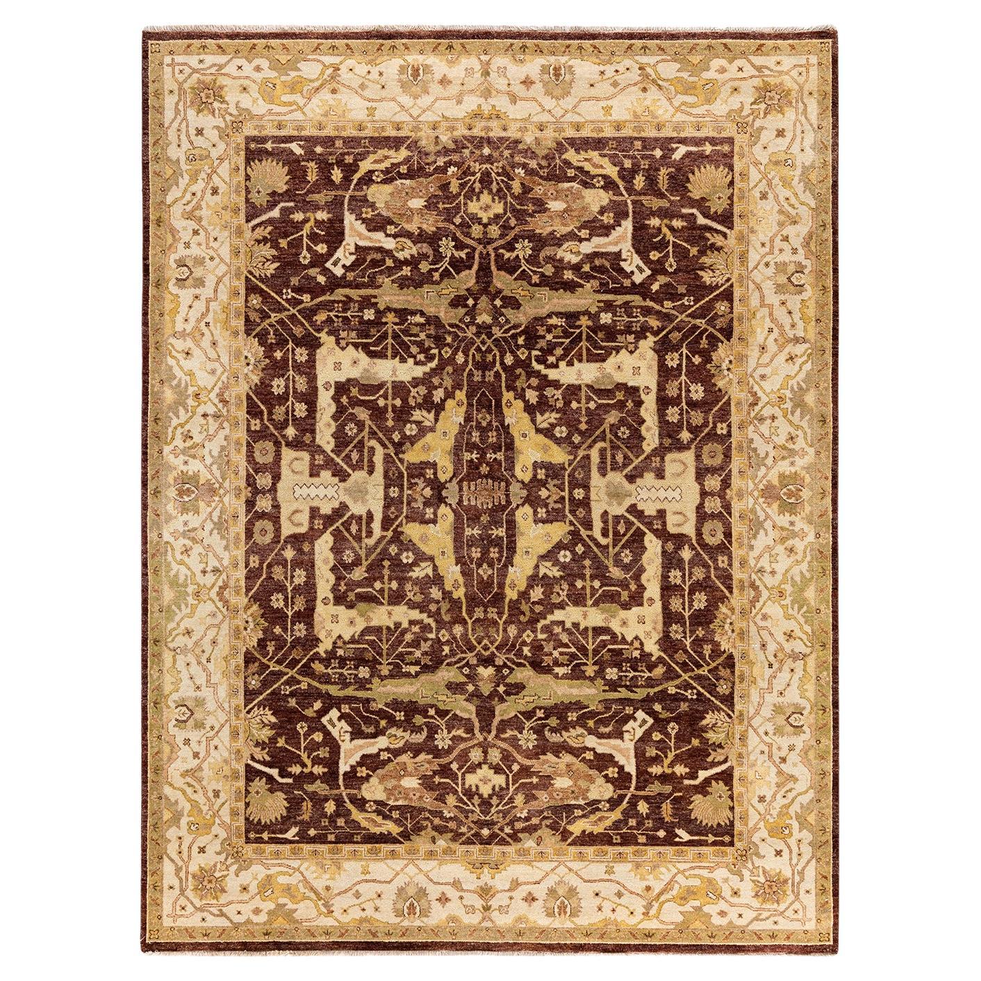 Traditional Oushak Hand Knotted Floral Wool Red Area Rug 7' 8" x 10' 1" For Sale