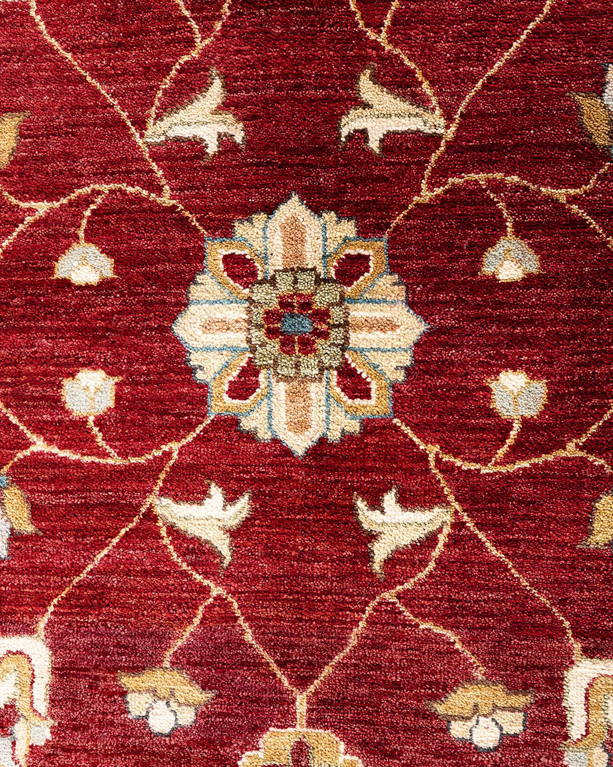 Alfombra tradicional Oushak de lana anudada a mano con motivos florales, color rojo 9' 1