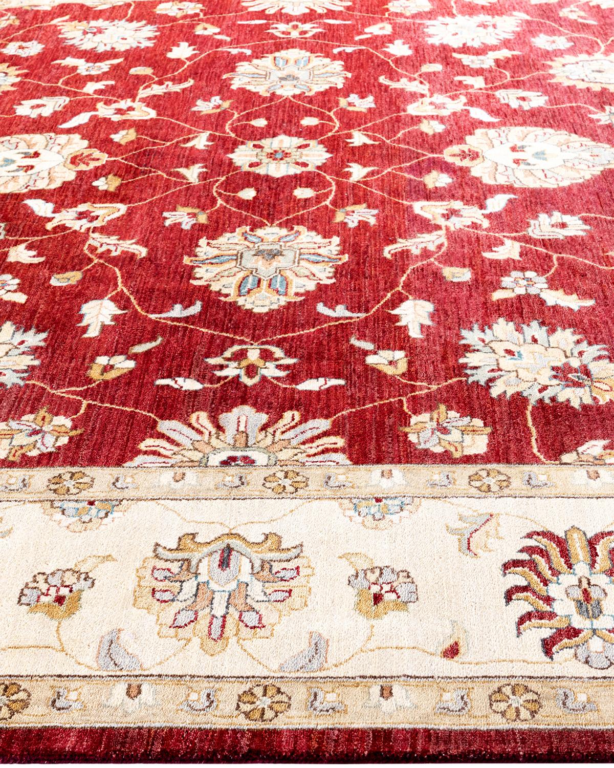 Alfombra tradicional Oushak de lana anudada a mano con motivos florales, color rojo 9' 1