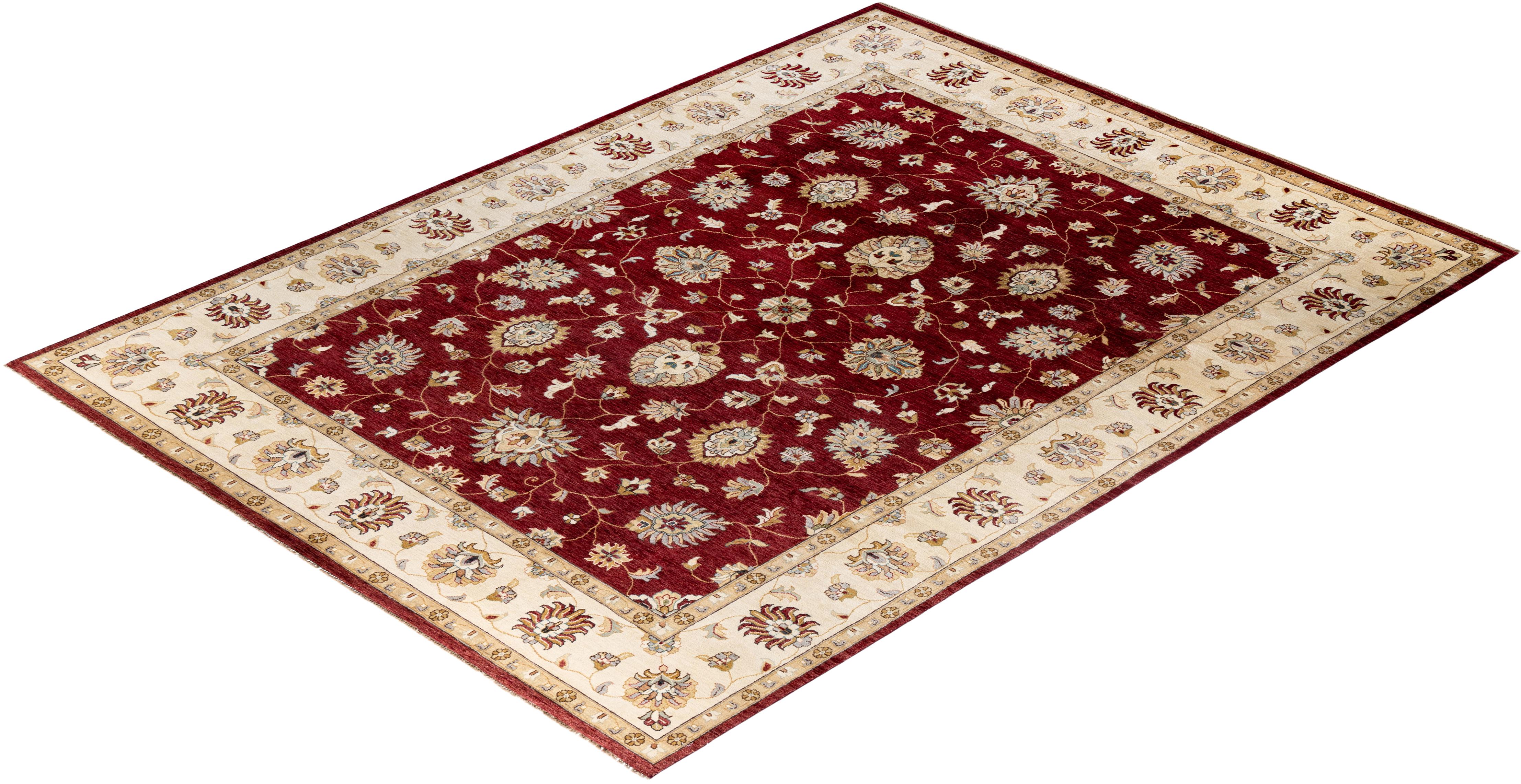 Alfombra tradicional Oushak de lana anudada a mano con motivos florales, color rojo 9' 1