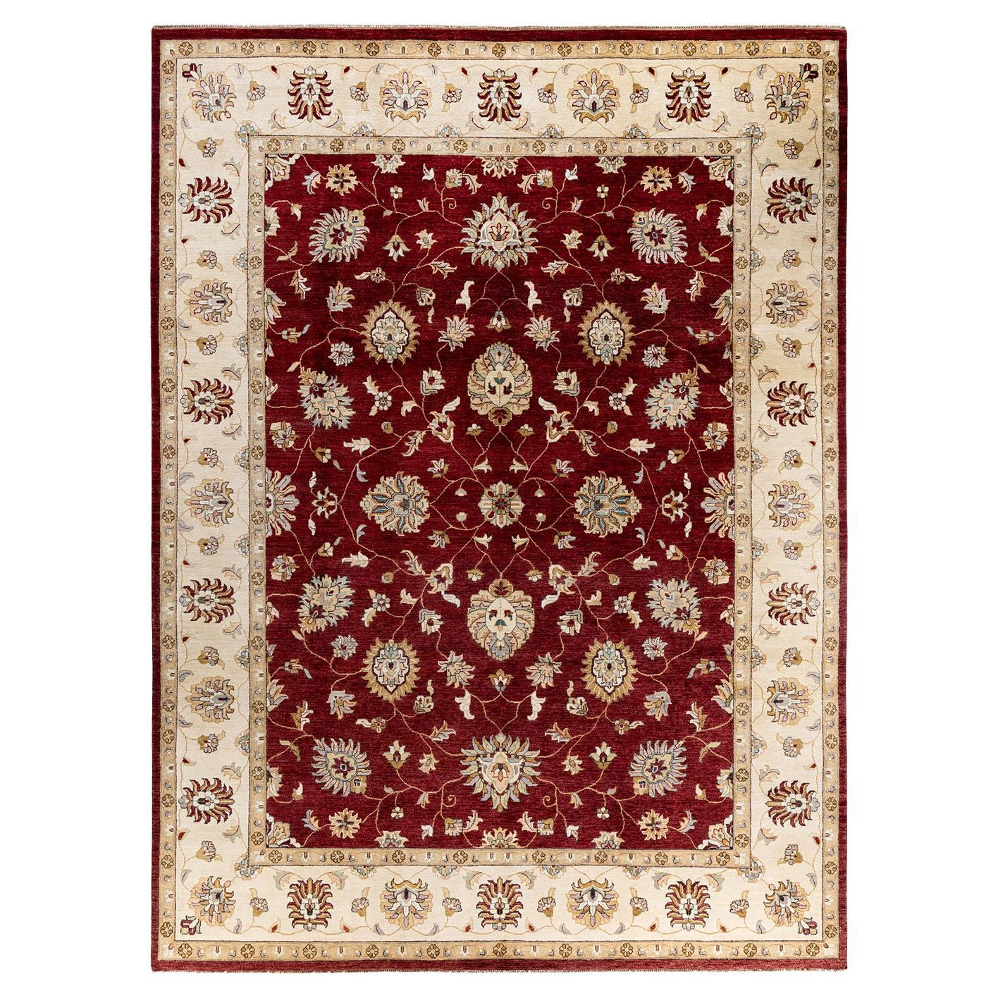 Traditional Oushak Hand Knotted Floral Wool Red Area Rug 9' 1" x 12' 2"