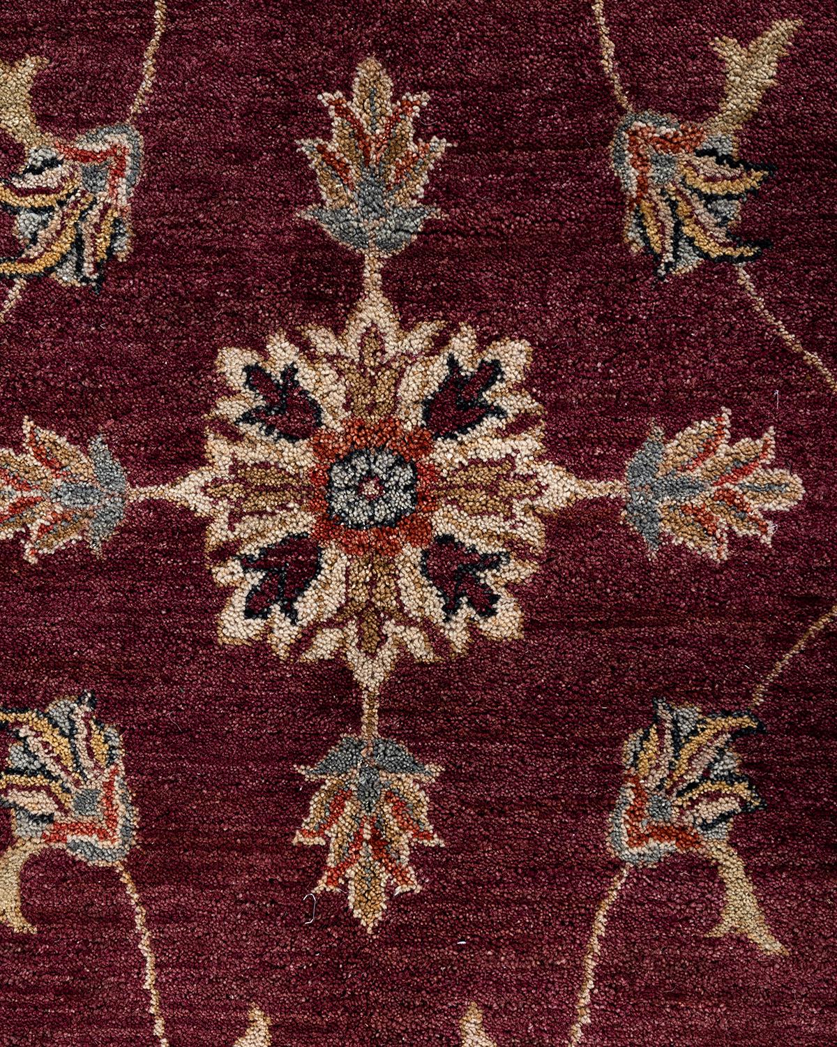 Alfombra tradicional Oushak de lana anudada a mano con motivos florales, roja 9' 2