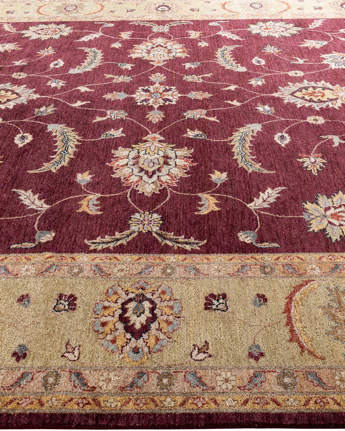 Alfombra tradicional Oushak de lana anudada a mano con motivos florales, roja 9' 2